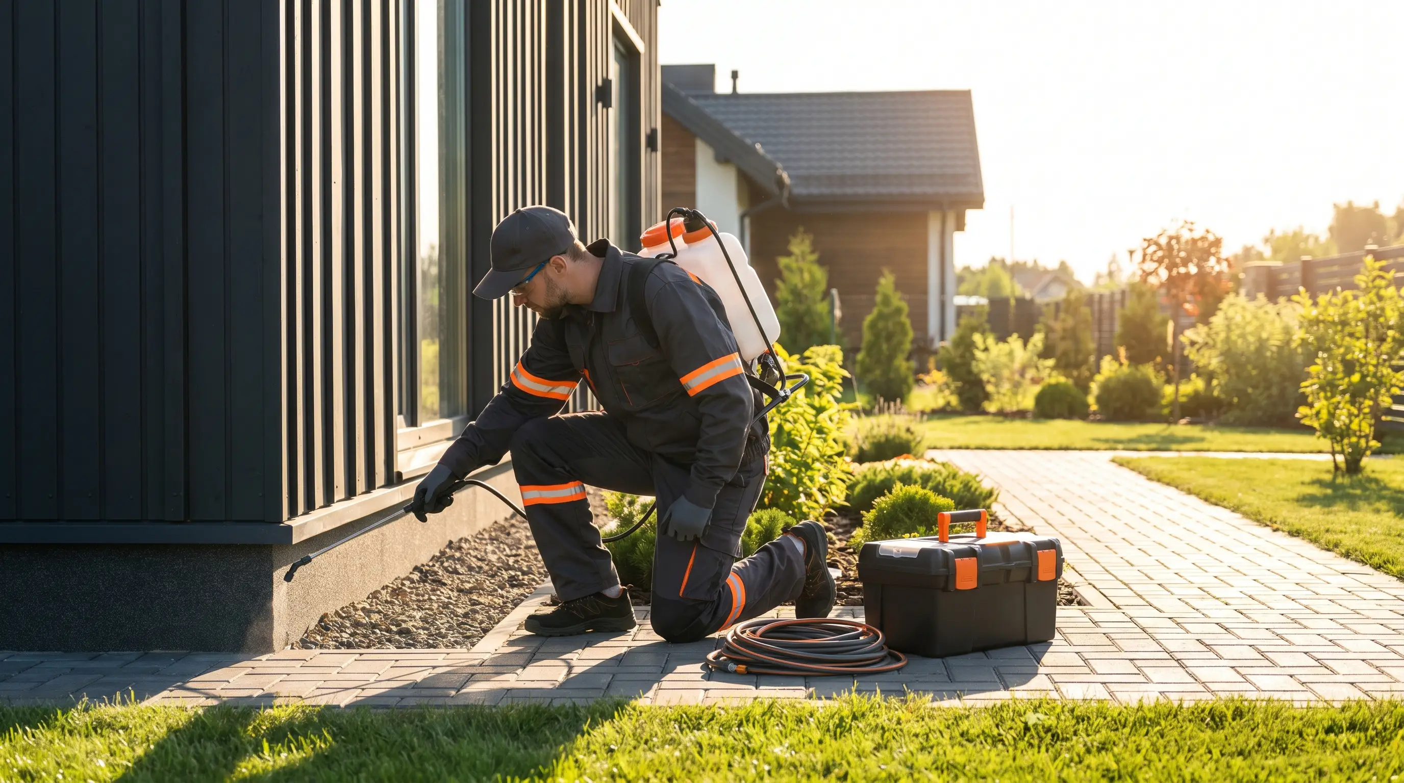 Pest control technician treating a home