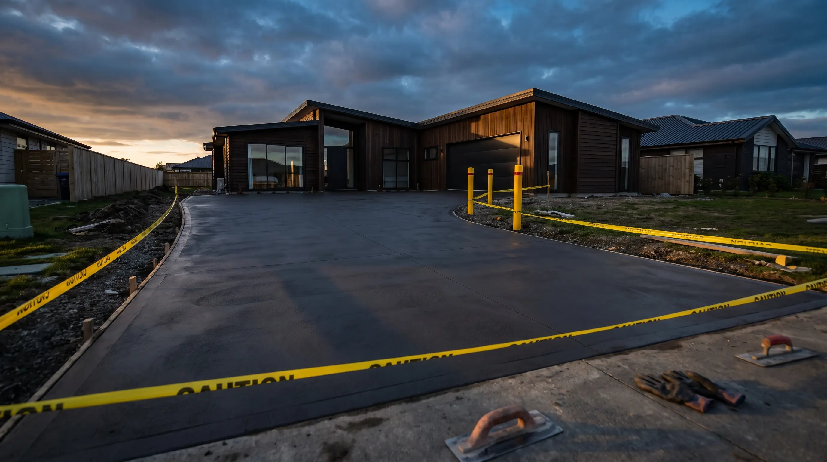 Finishers screeding a fresh concrete slab