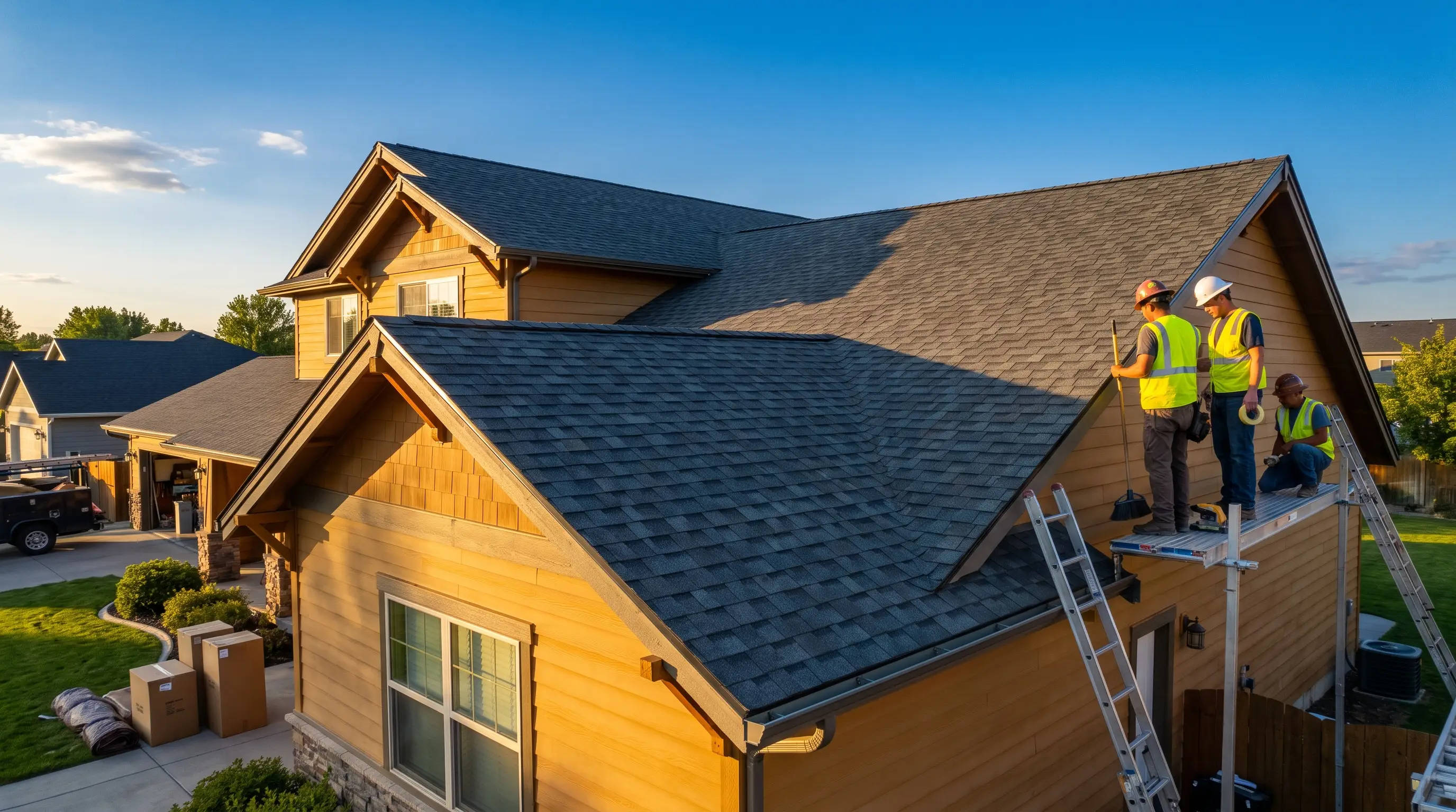 Crew working on a roofing project