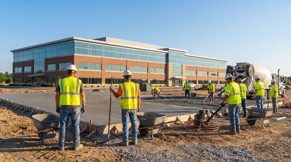 Commercial concrete crew finishing a large pour