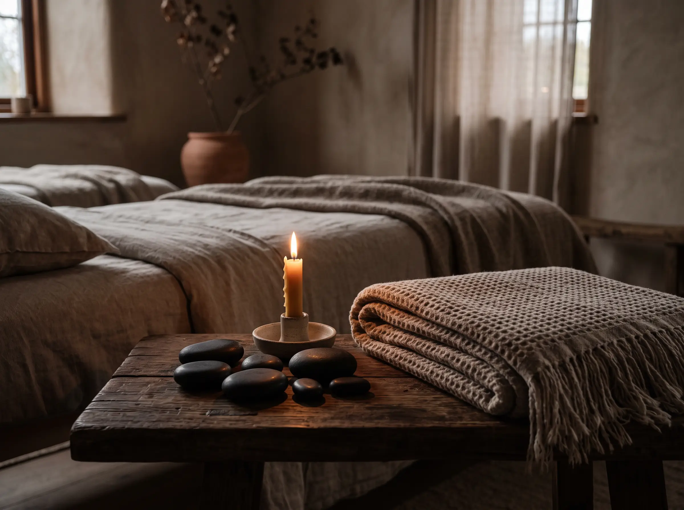 Candlelight and hot stones beside the table