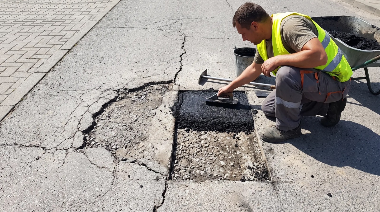 Crew repairing an asphalt surface