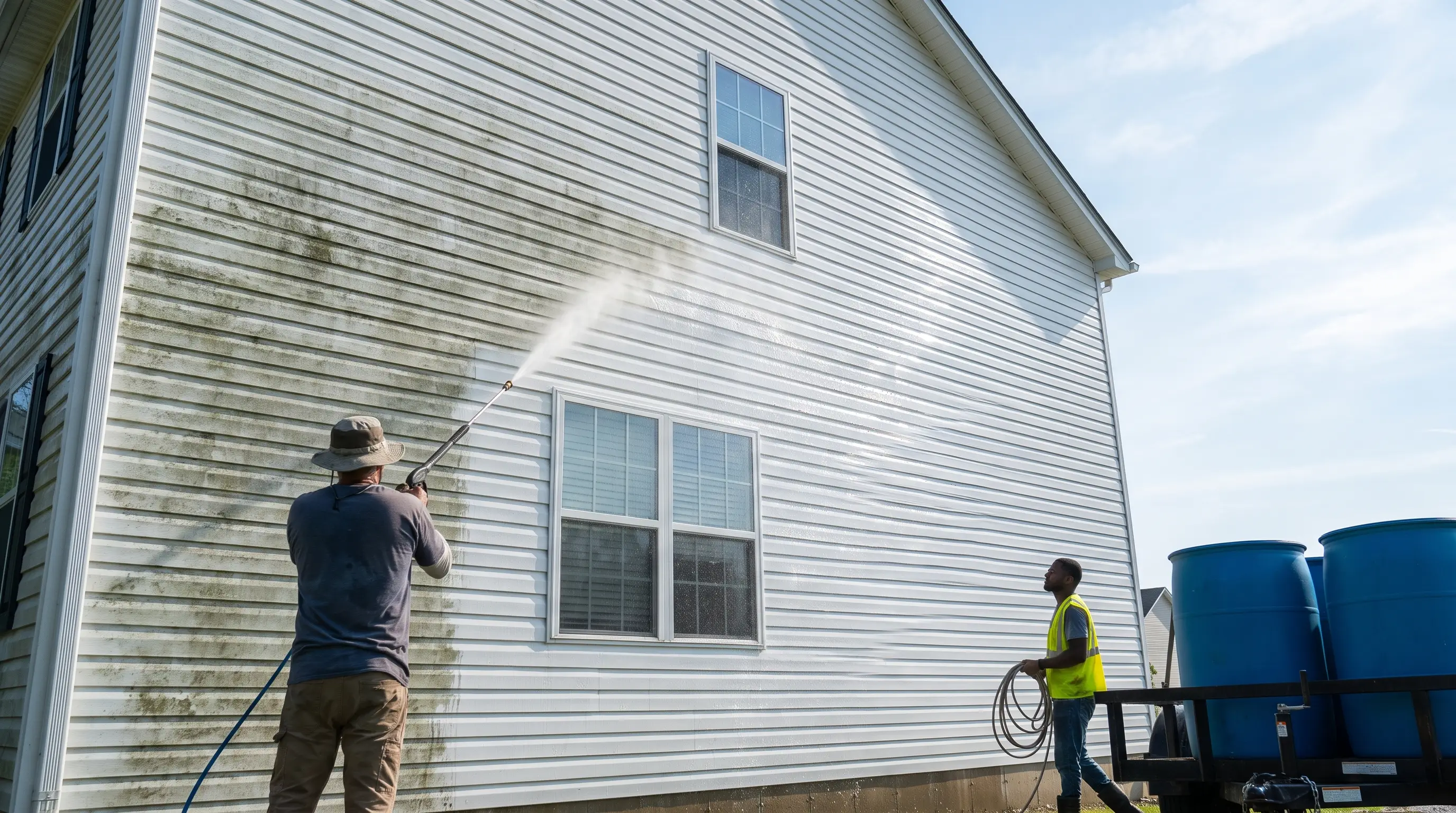Crew pressure washing a driveway