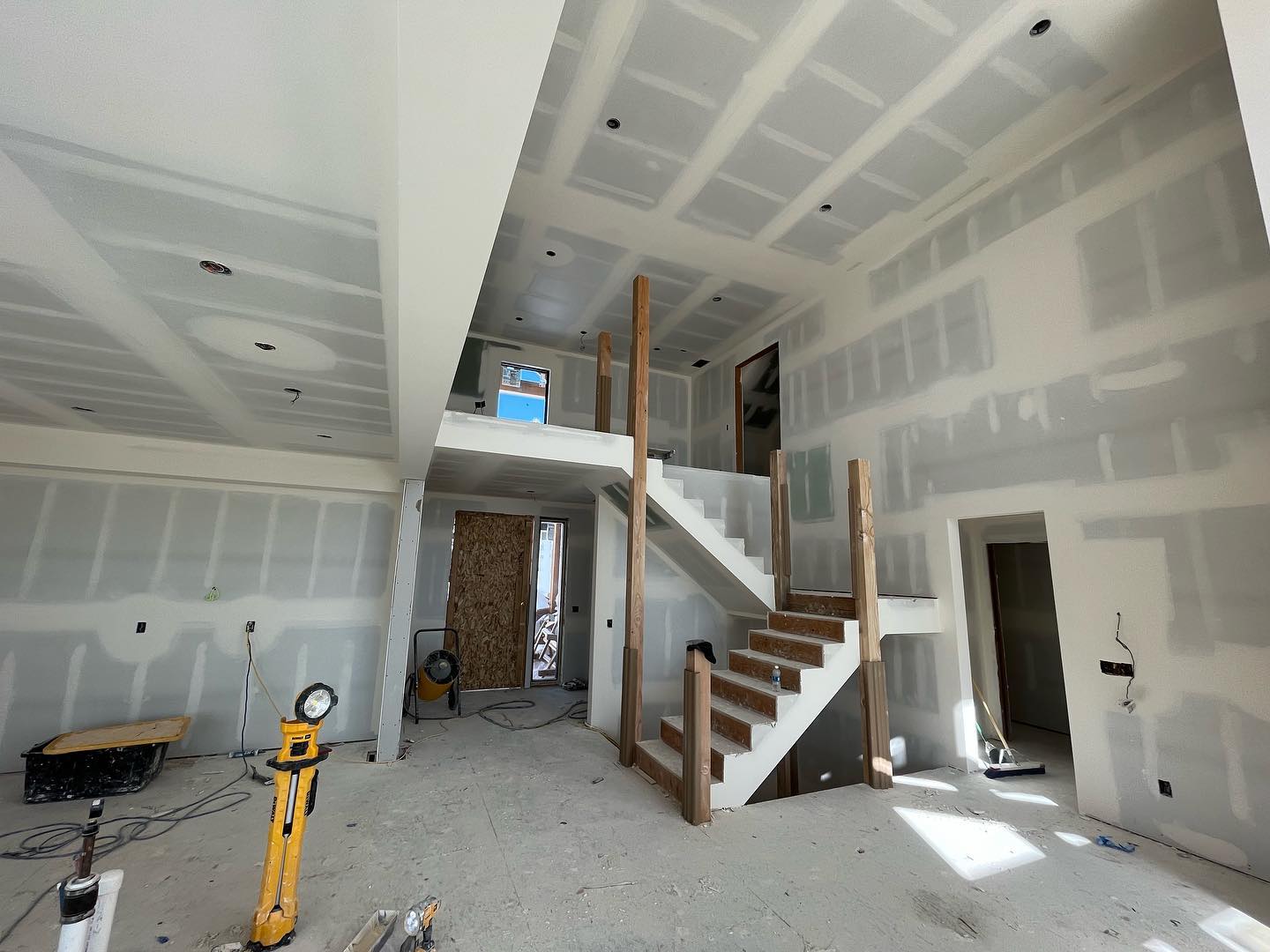 Stairwell drywall finish in a Bozeman home