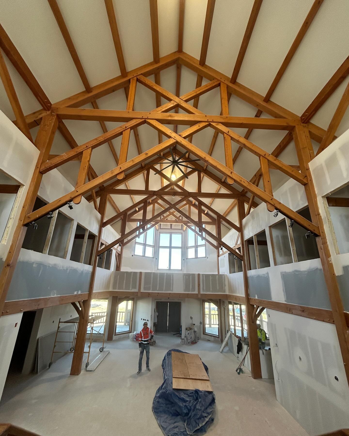 Vaulted ceiling drywall install in a Bozeman mountain home