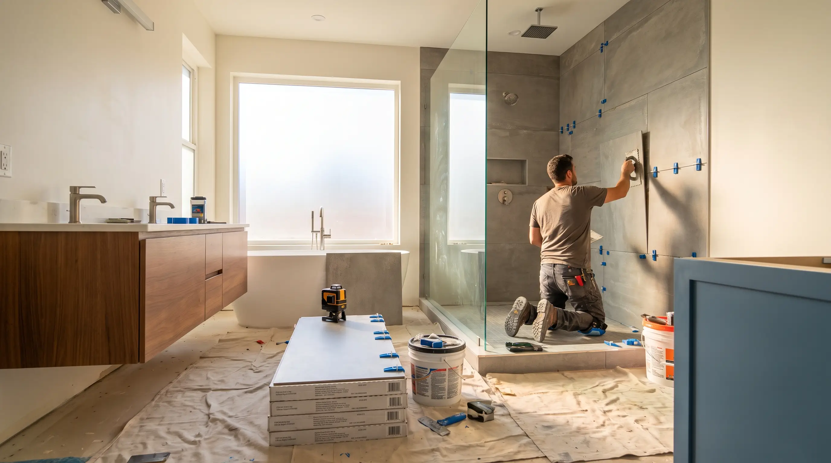 Tile crew setting a floor