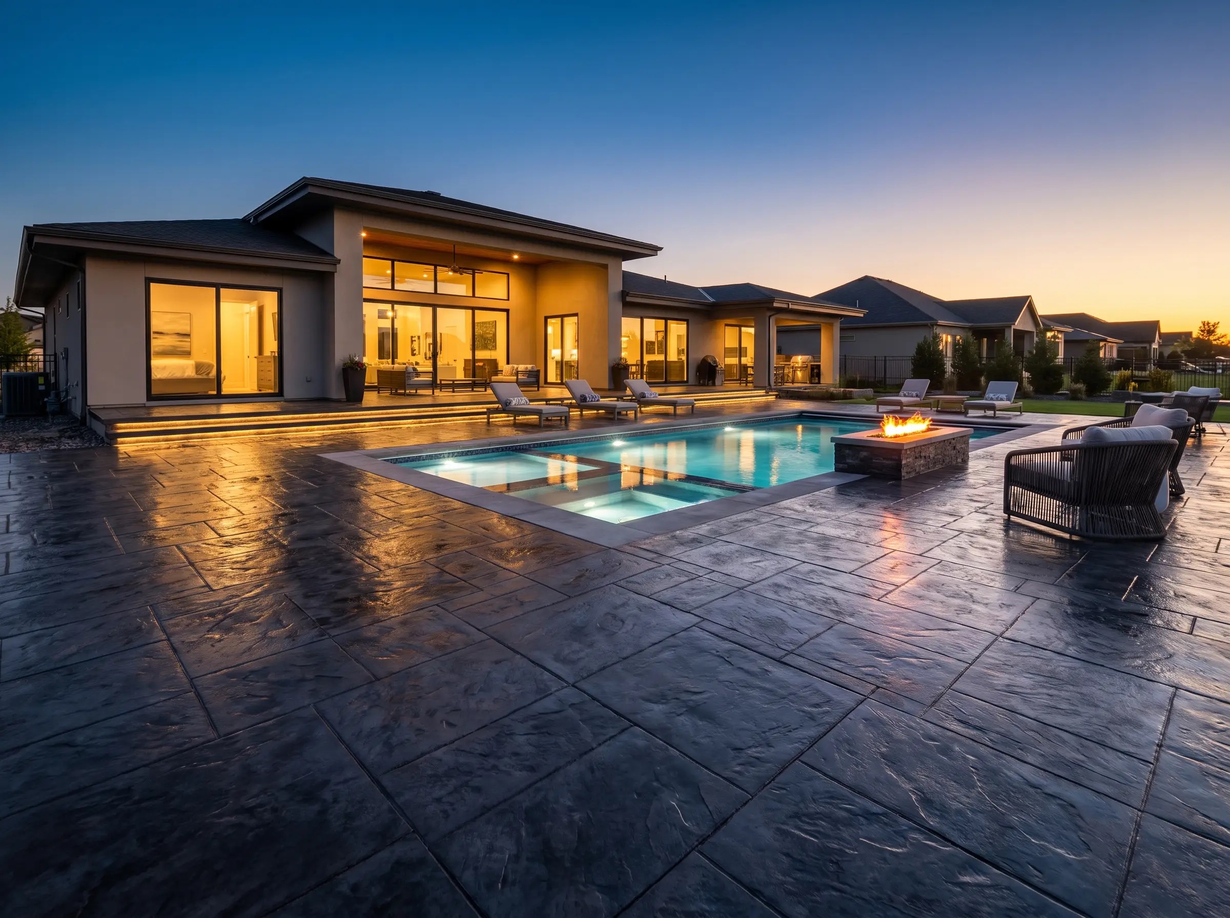 Home with a finished concrete pool deck and patio at dusk
