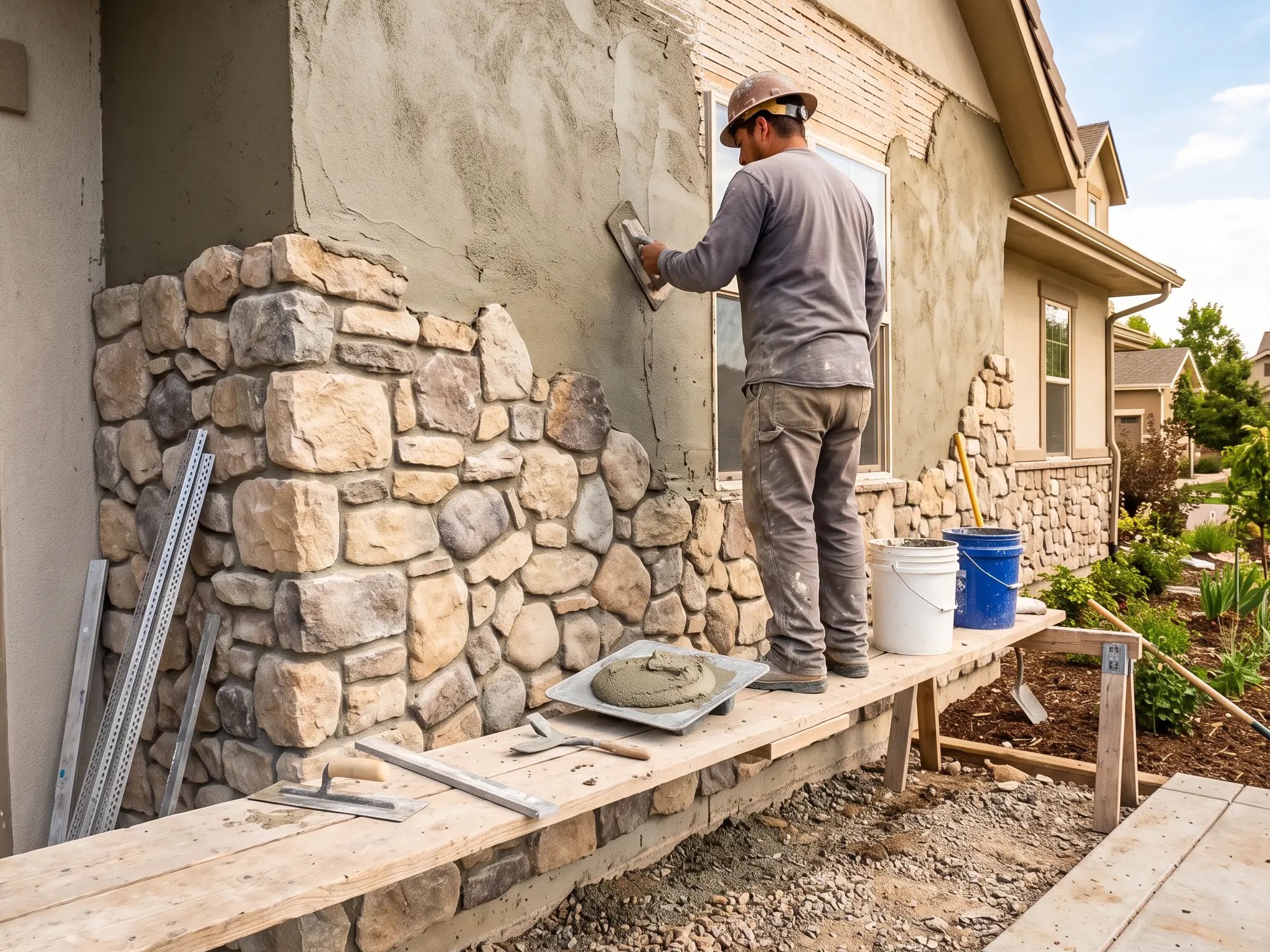 Crew plastering a wall