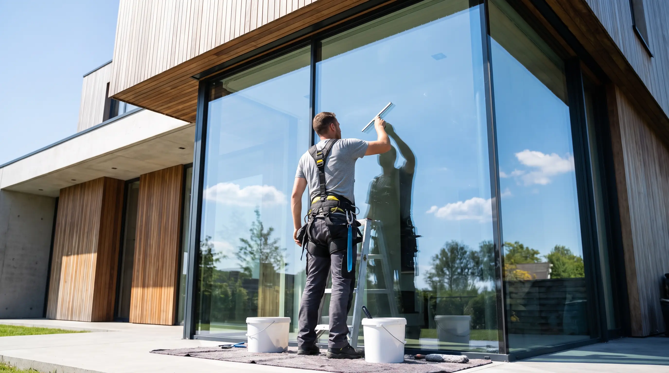 Window cleaner squeegeeing glass on a home