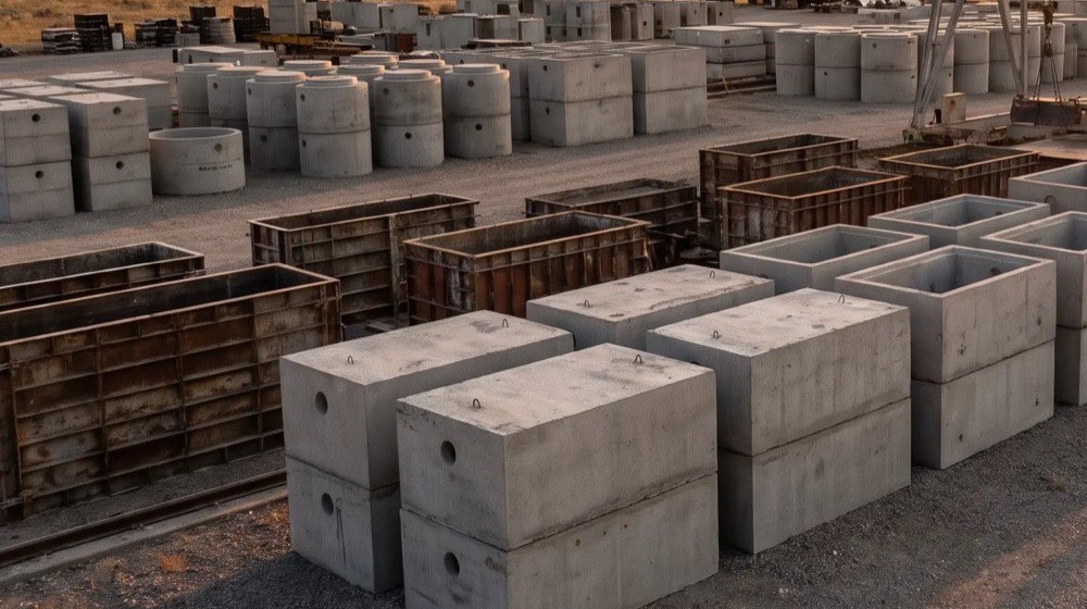 Precast manhole barrels staged in the yard