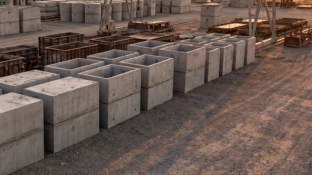 Precast box culvert sections staged in the yard