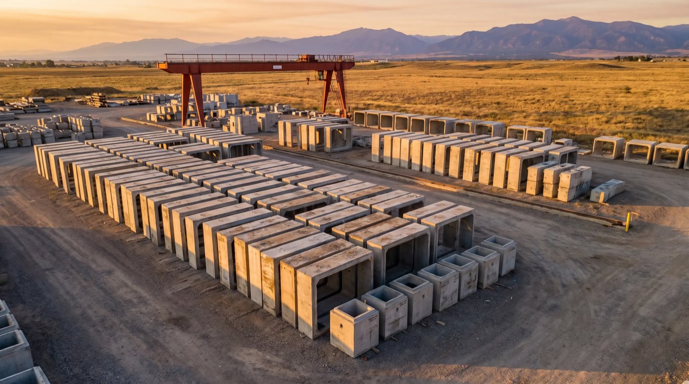 Standard precast vaults and box structures staged in rows