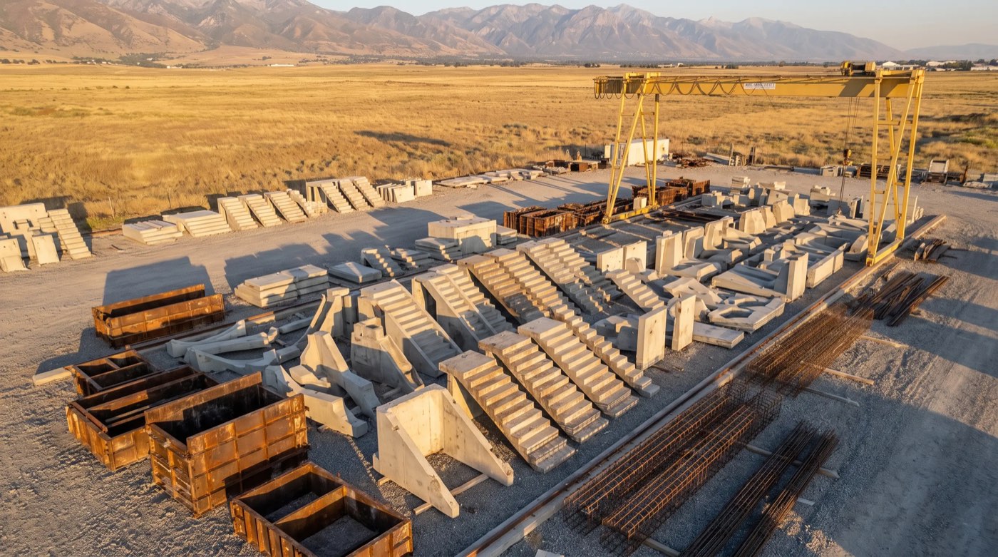 Precast concrete step units and stair sections staged in the yard