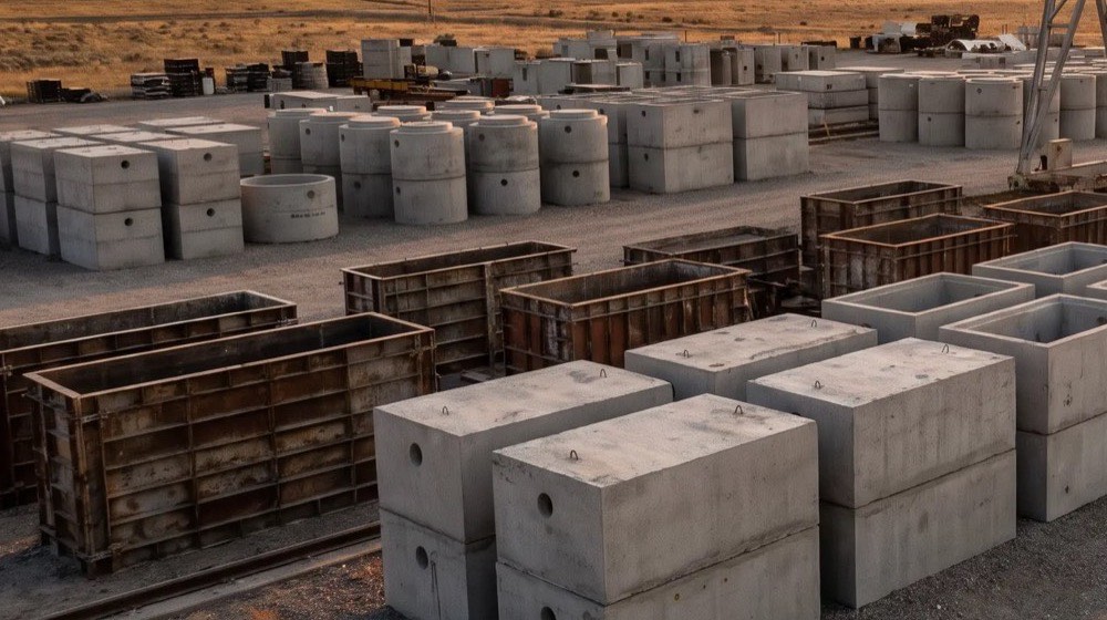 Precast vaults, basins, and formwork staged in the yard