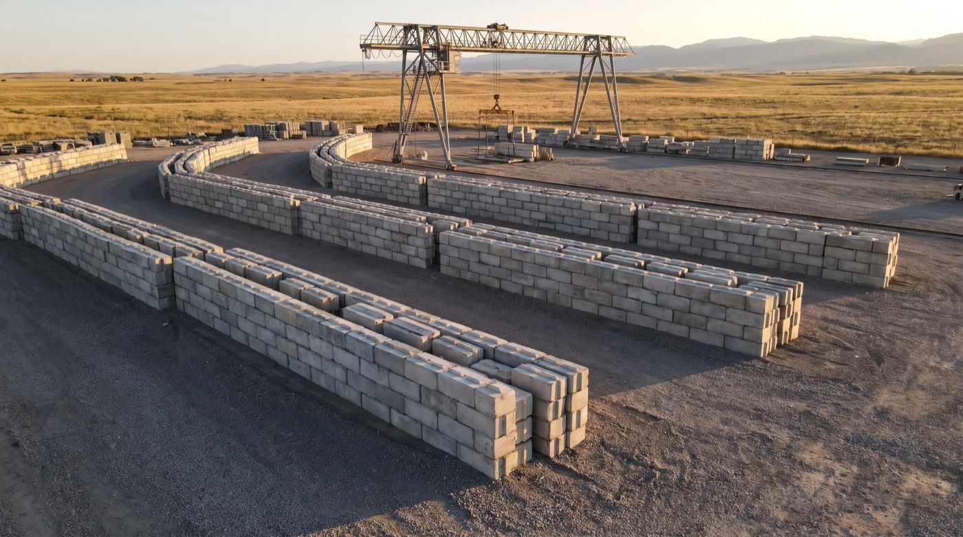 Rows of solid precast concrete retaining wall blocks staged in the yard