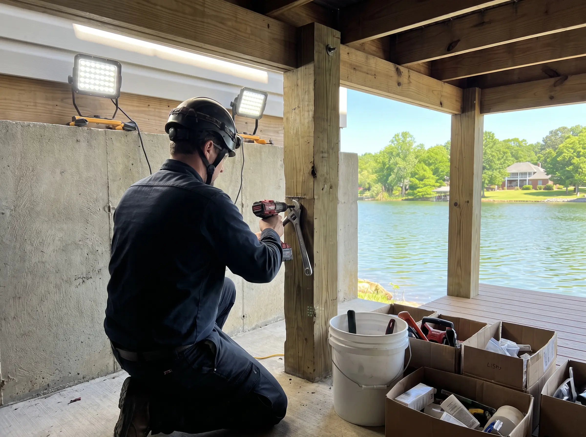 Dock crew on the water