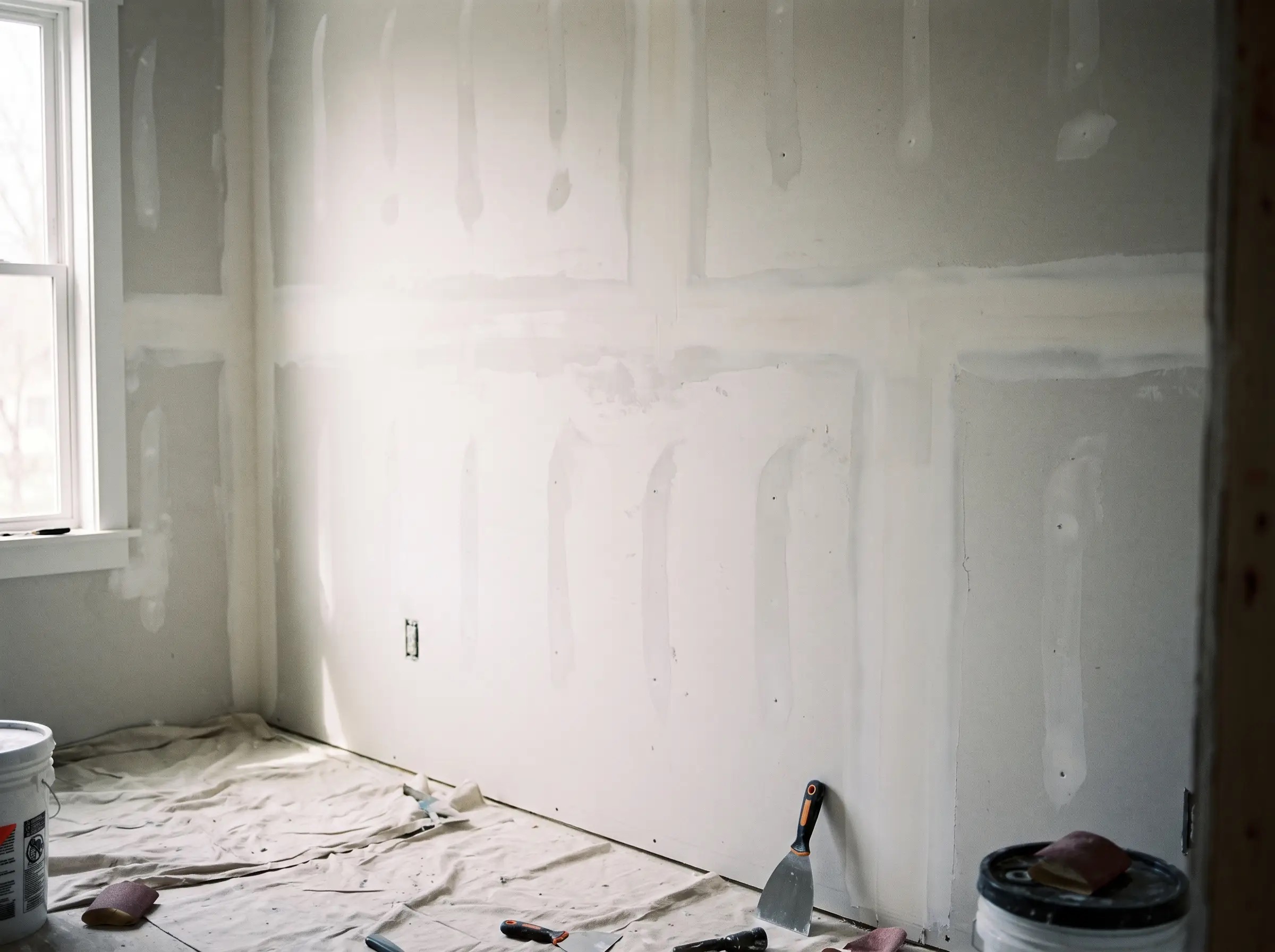 Finish coats drying on a drywall job in progress, tools on the floor