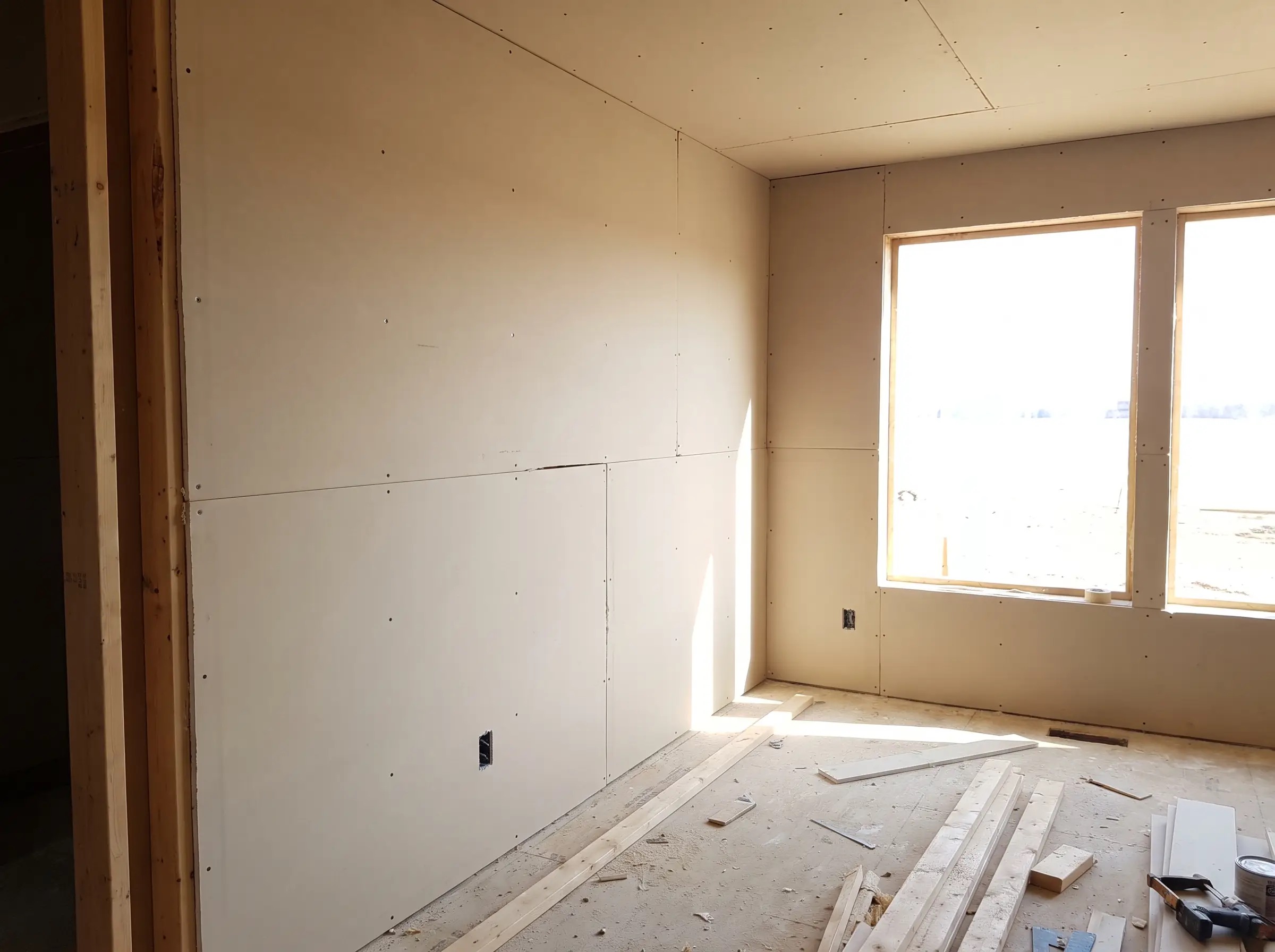 Drywall hung and screwed off, seams not yet taped