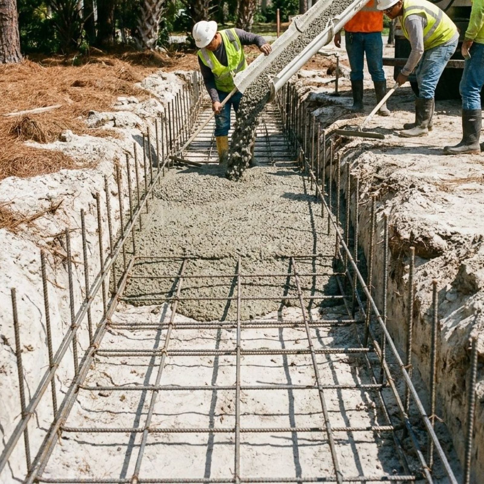 Line pump hose placing concrete into a footing trench