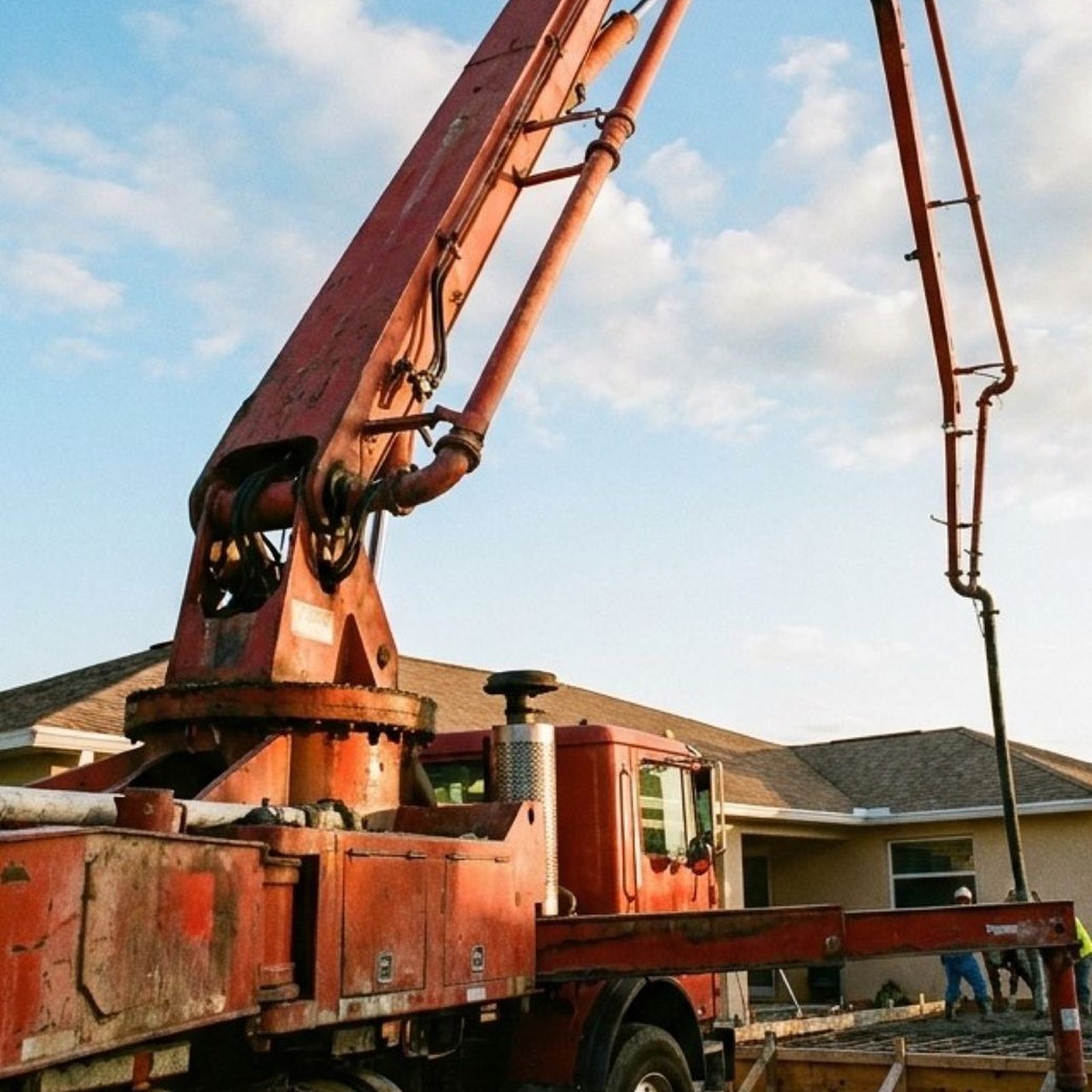Caruth boom pump truck reaching over a jobsite to place concrete