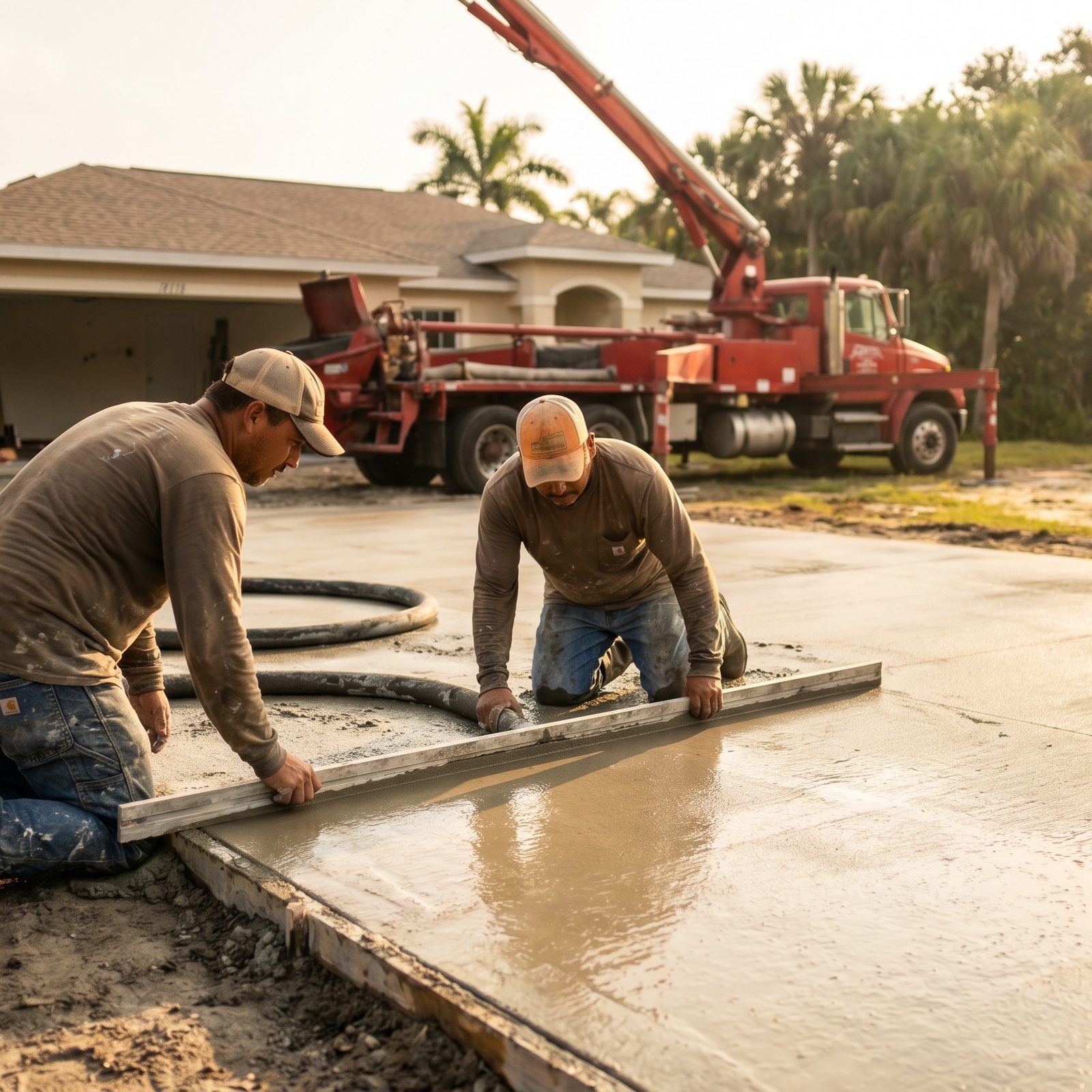 Finishers screeding a fresh slab with a pump truck behind