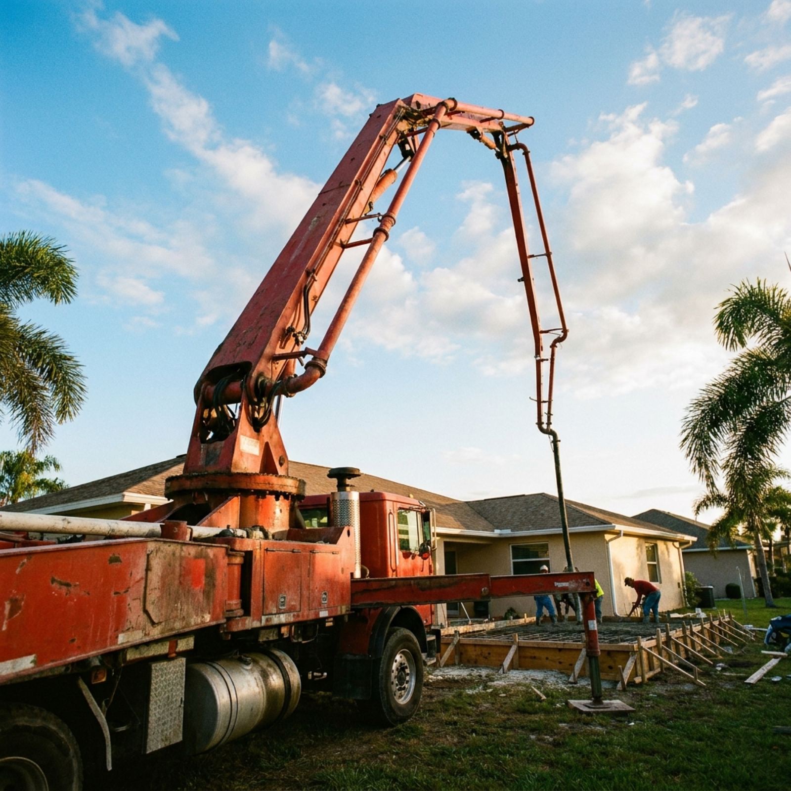 Boom pump reaching over a home