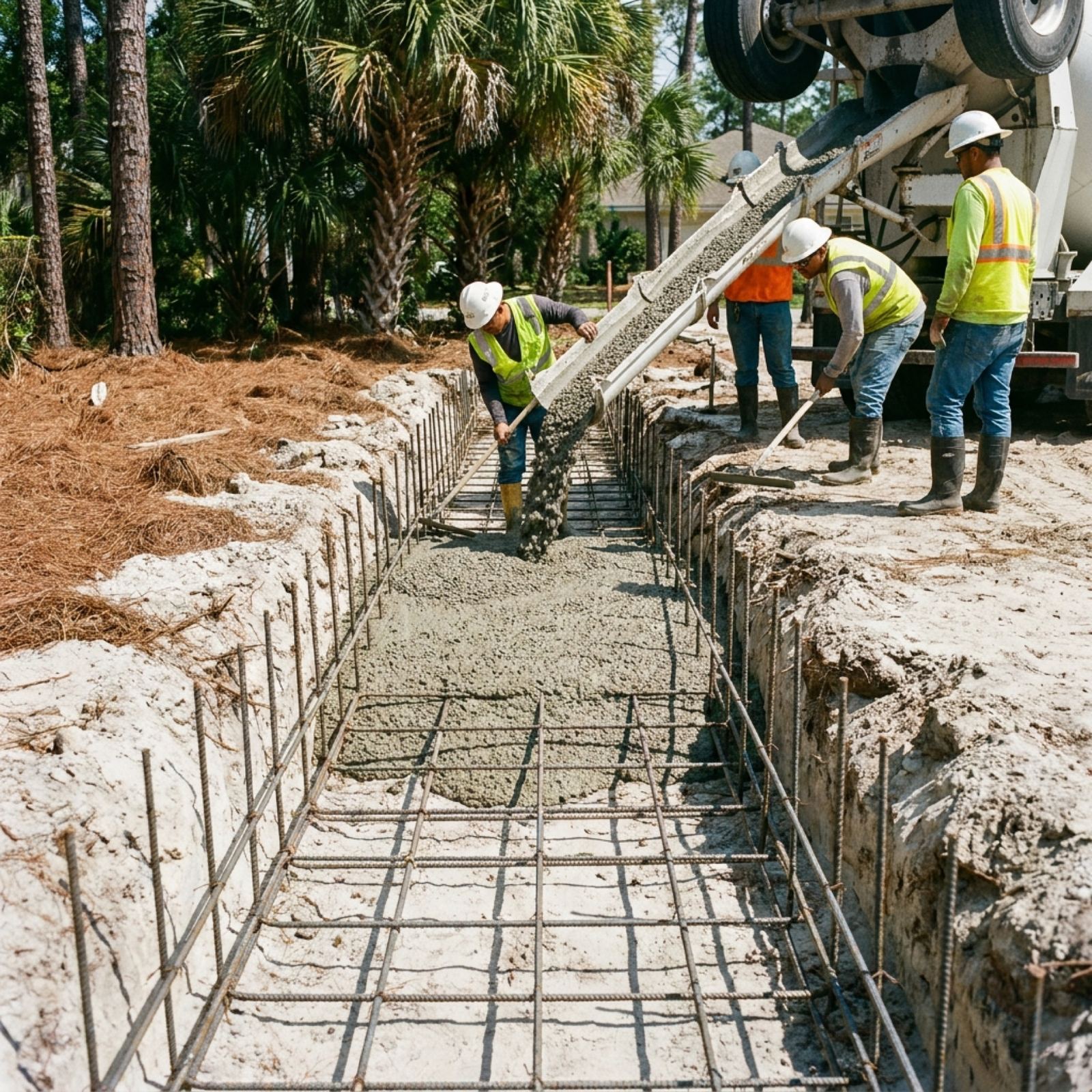 Crew guiding concrete into a footing trench