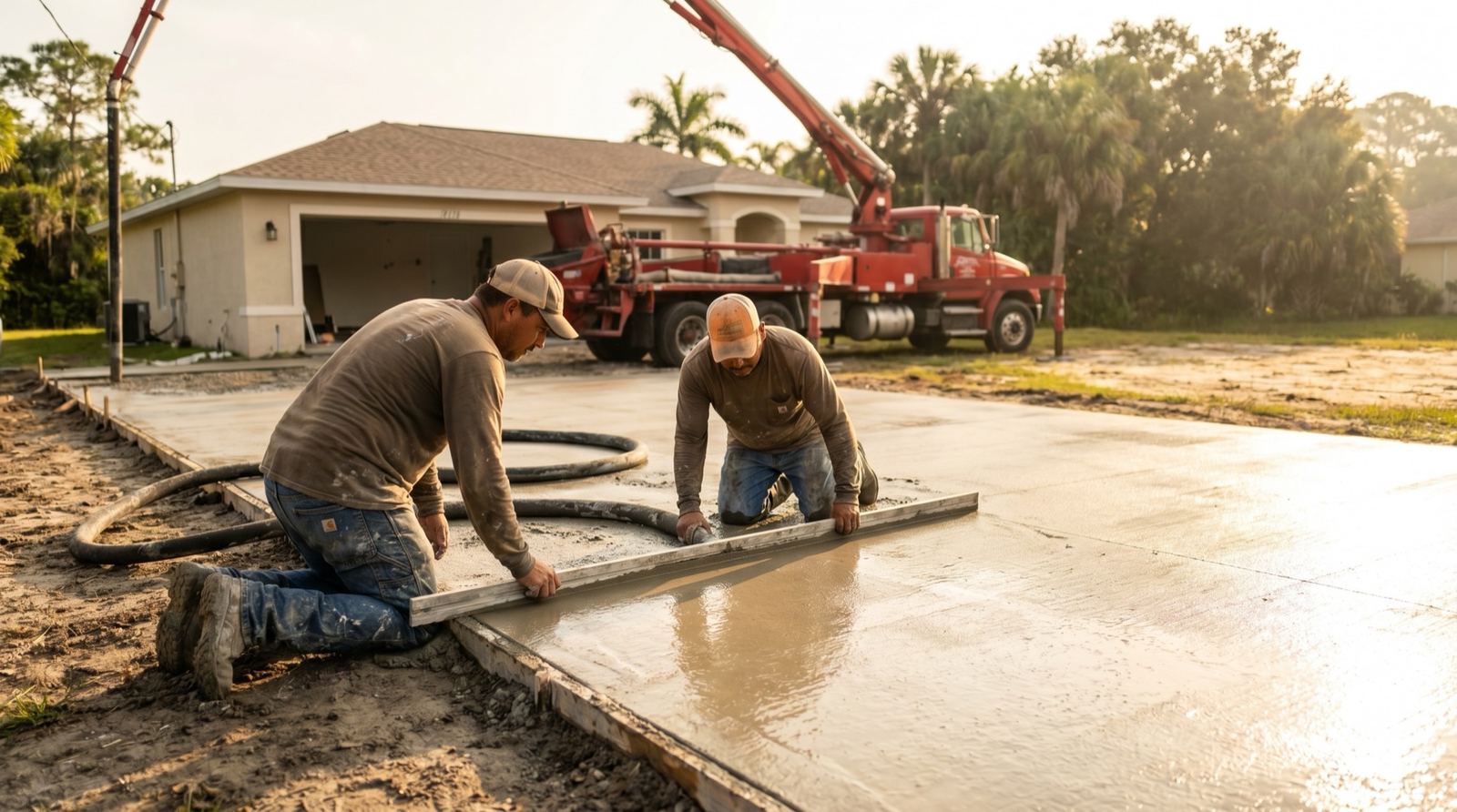 Finishing crew screeding a fresh concrete slab with a boom pump truck on site