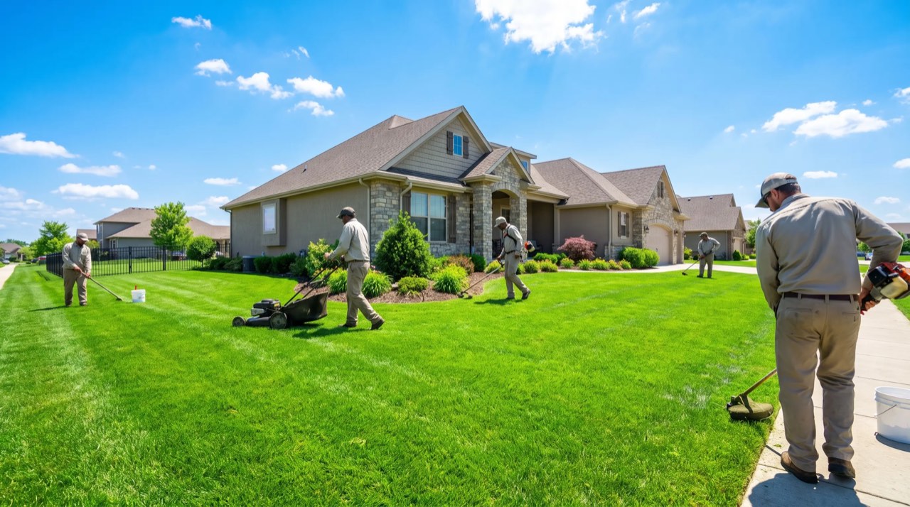 Forevergreen Landscaper Service crew mowing and edging a lawn