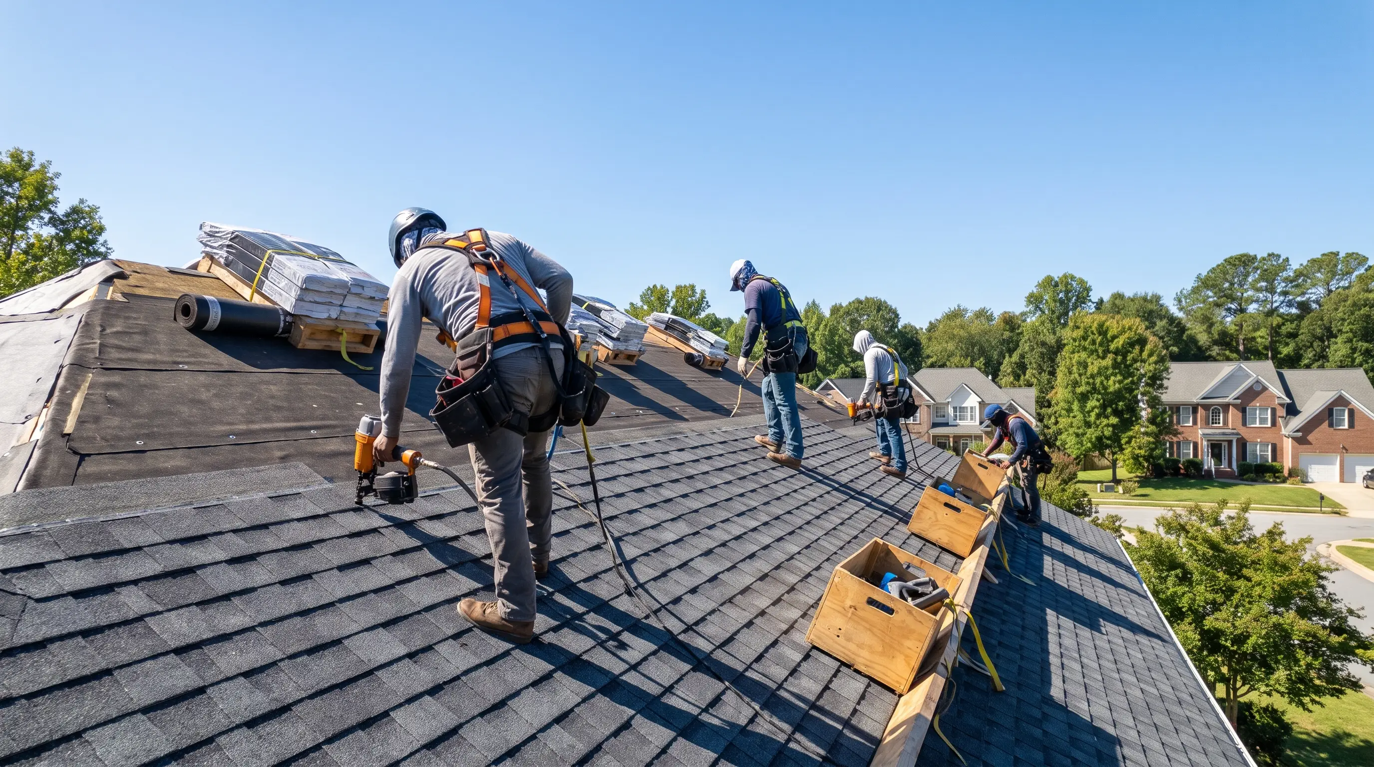 Roofing crew installing a new shingle roof