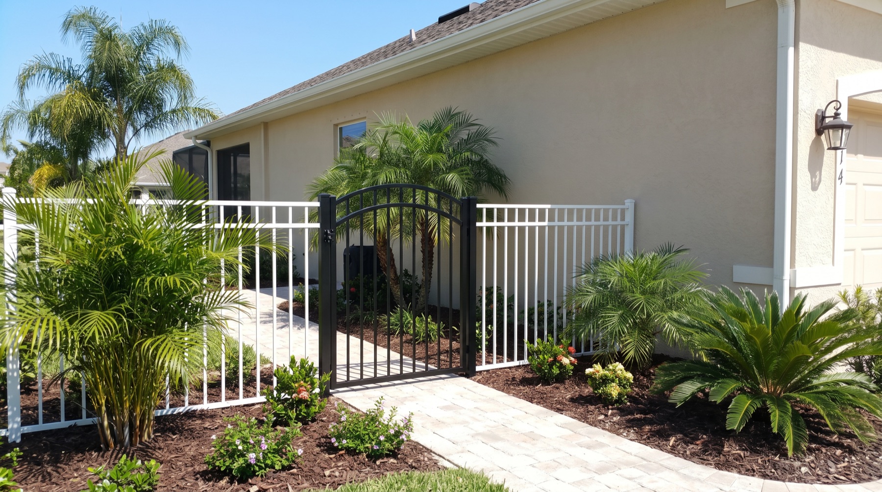Black steel walk-through gate set into a fence beside a Florida home