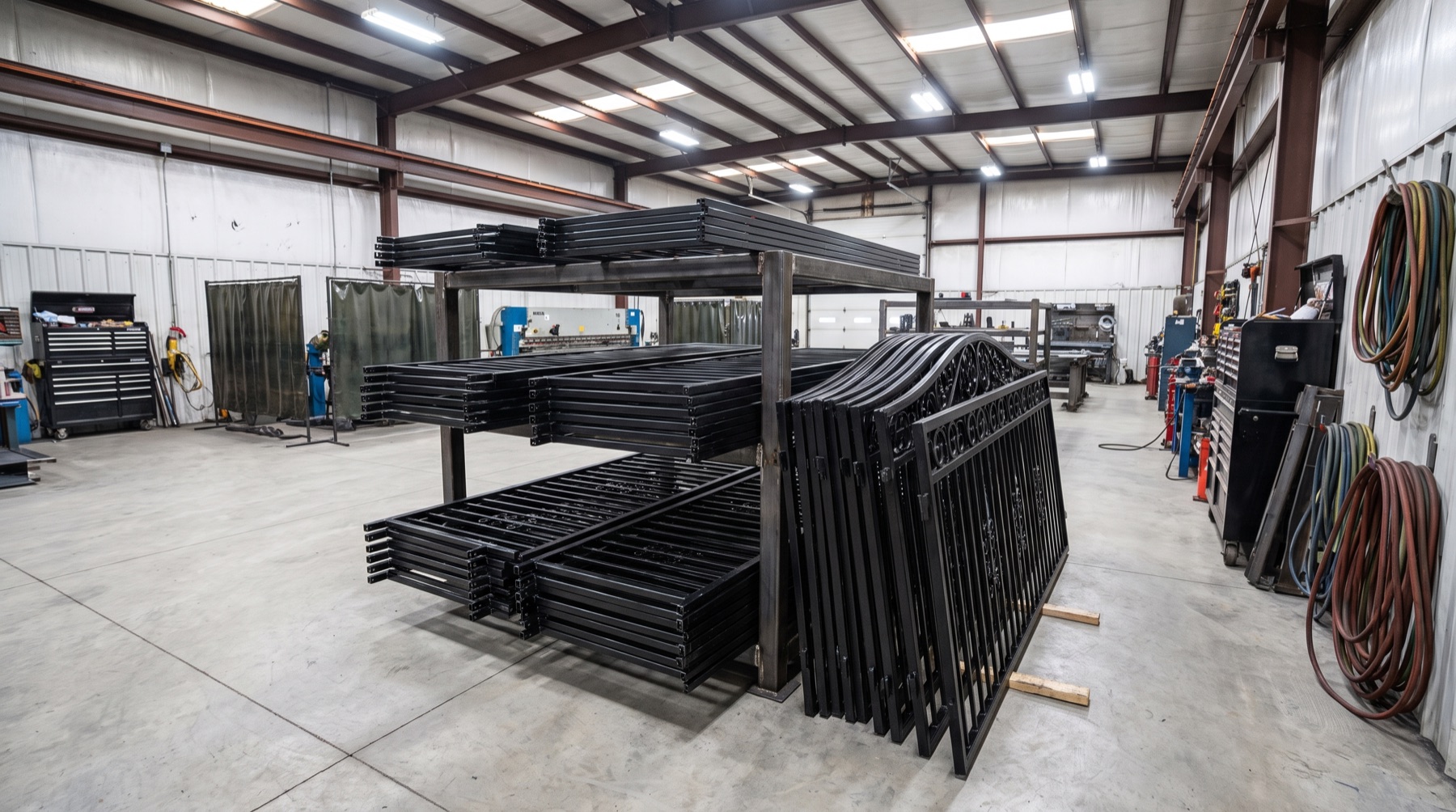 Welded black steel fence panels on racks in a fabrication shop