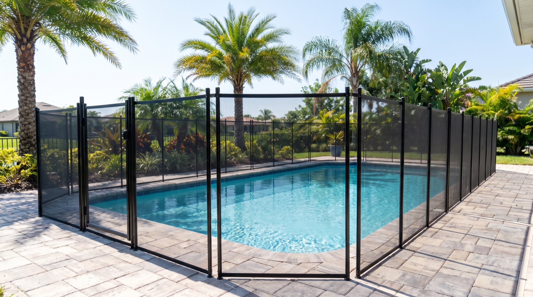 Black pool safety fence around a backyard pool