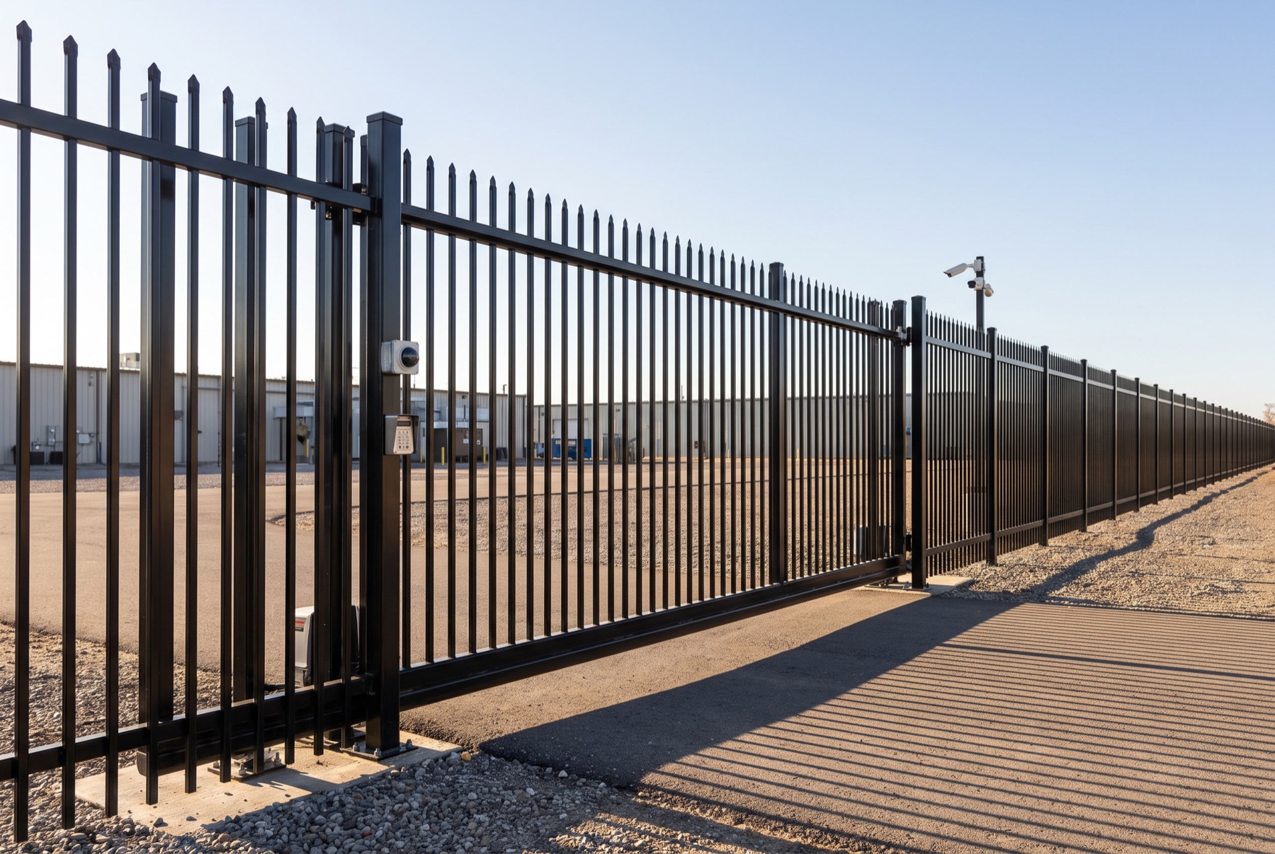 Tall black security fence and gate around a commercial lot