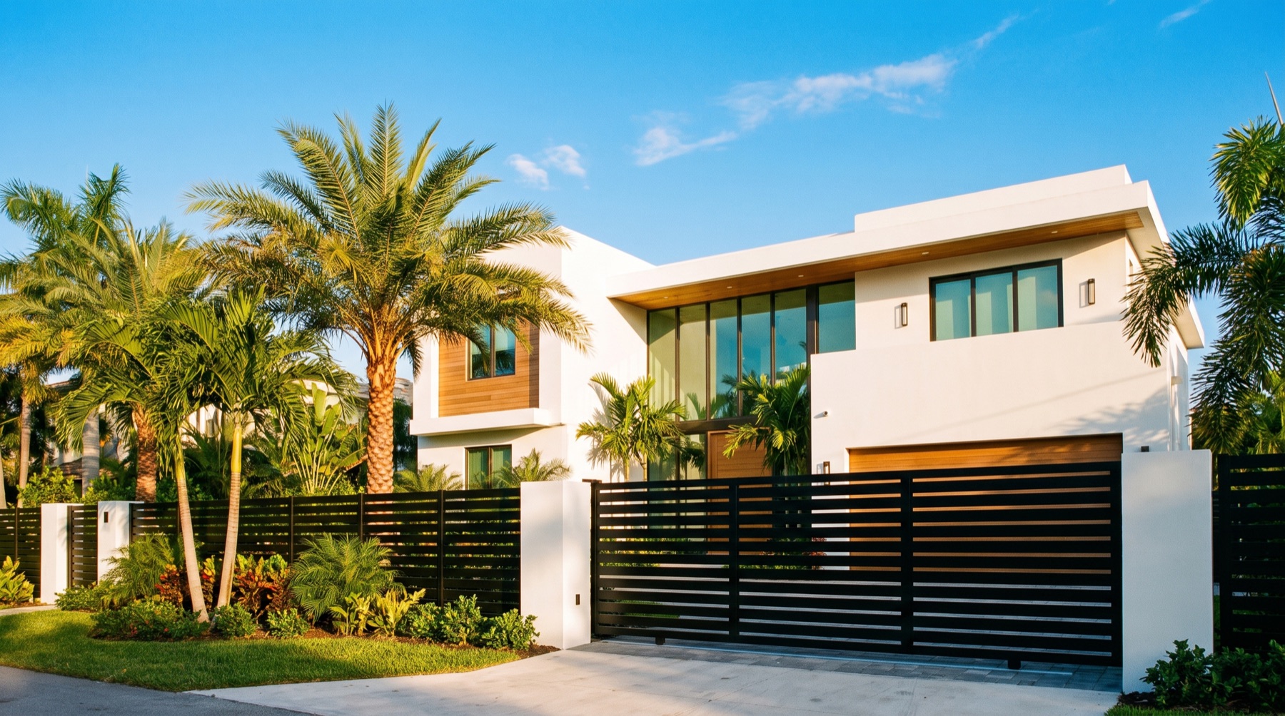 Modern black slat driveway gate at a Florida home