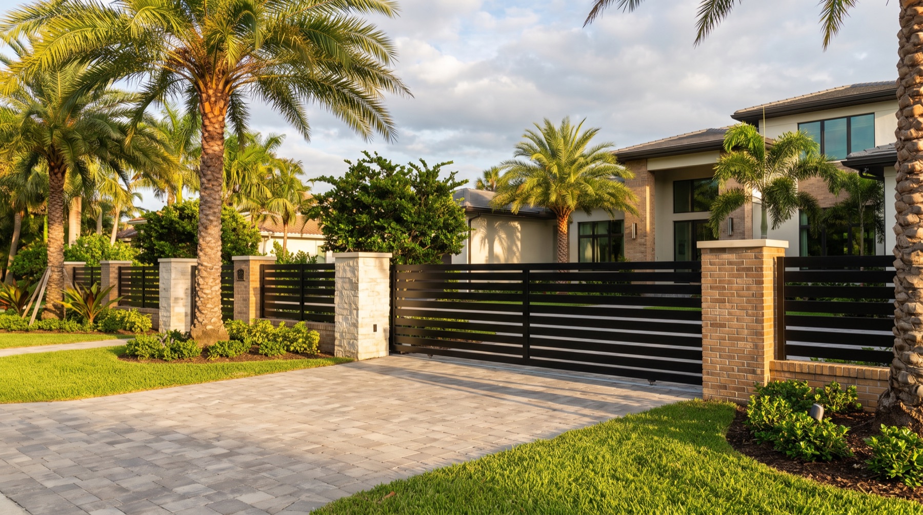 Black steel driveway gate and fence at a Florida home