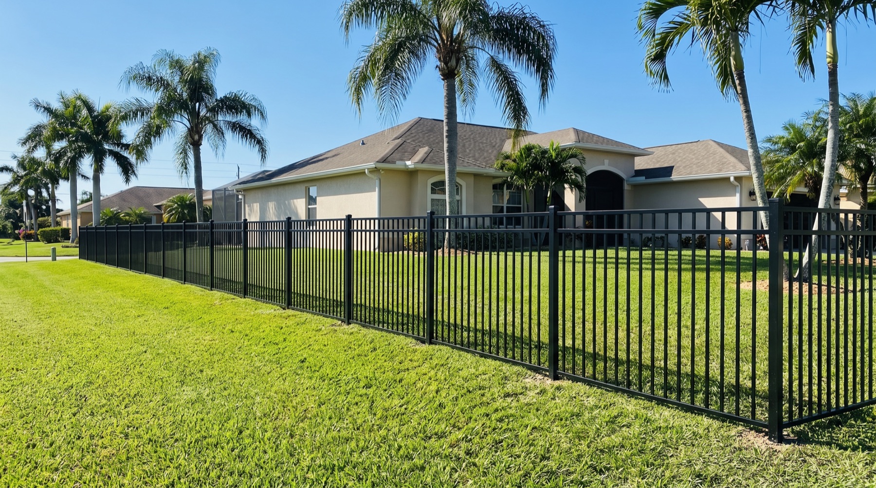 Black steel picket fence around a green lawn