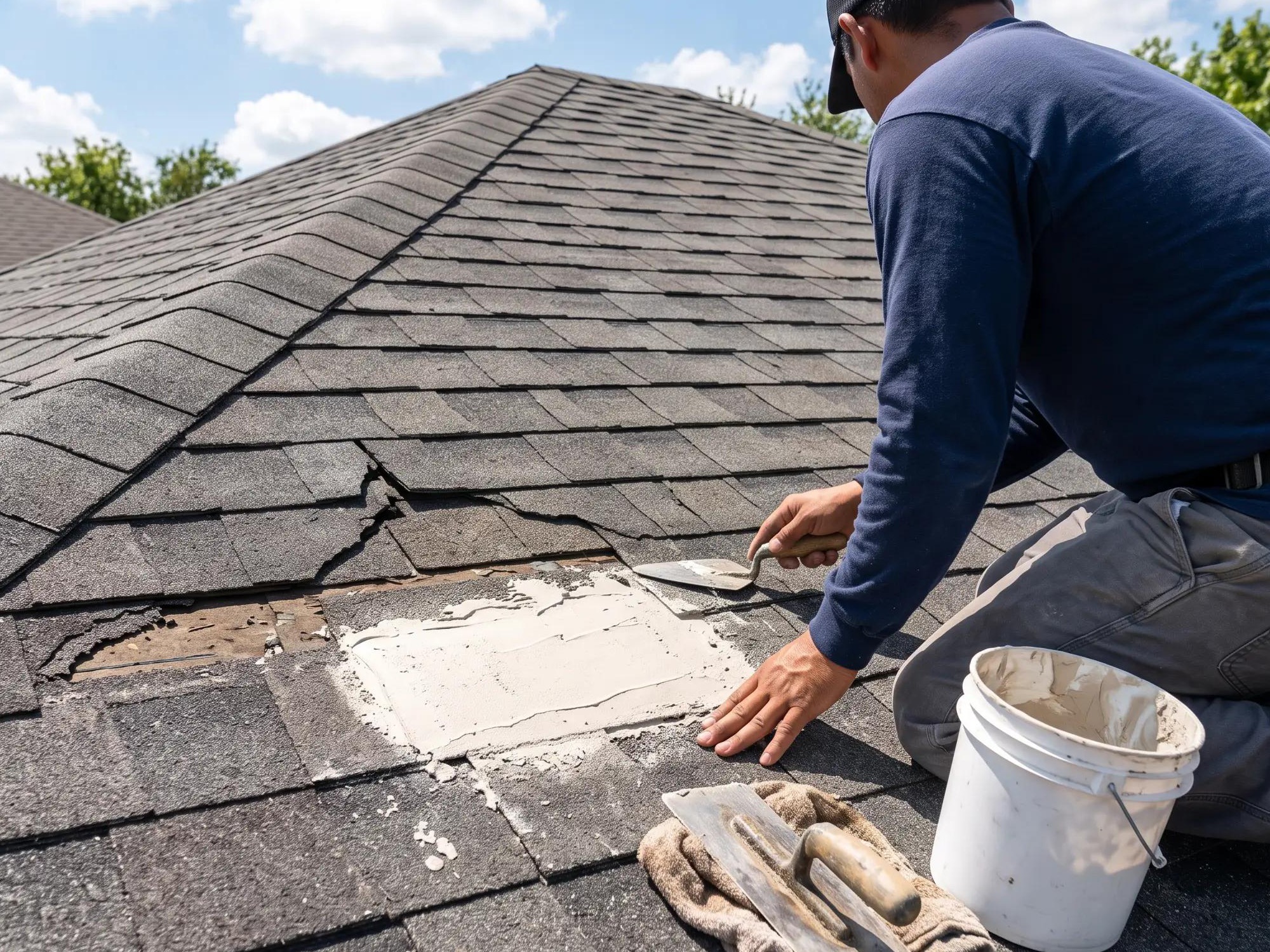 Crew working on a roofing and painting project