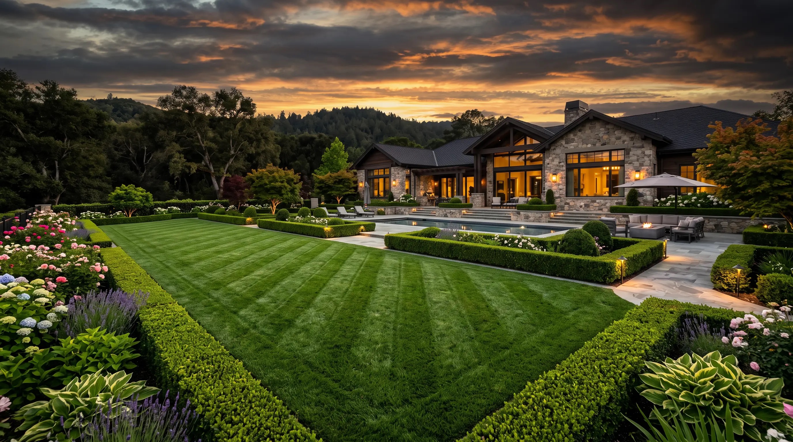 Crew maintaining a landscaped lawn