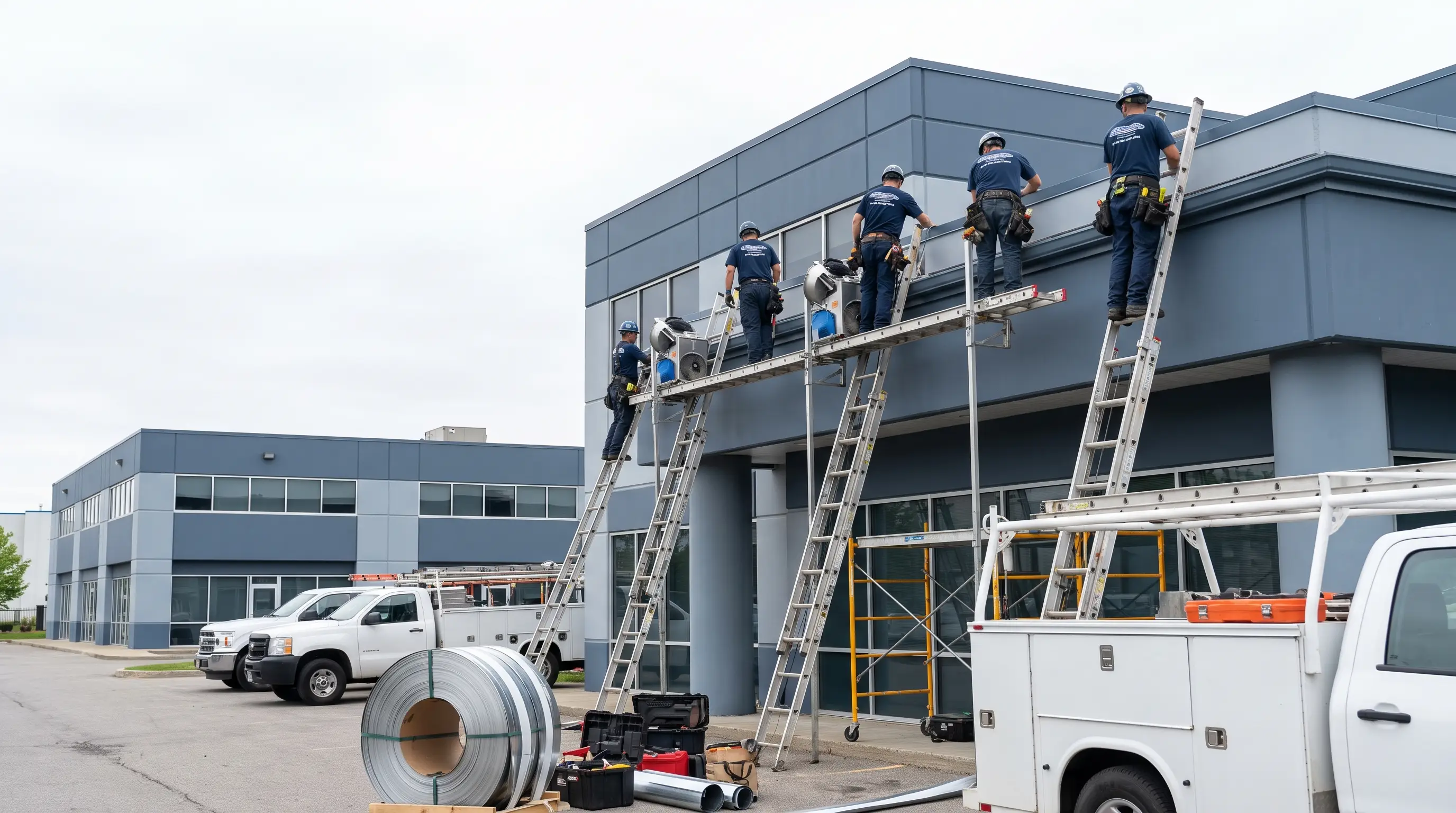 Commercial gutter installation in progress