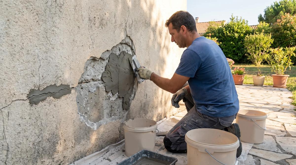 Worker patching an exterior stucco crack