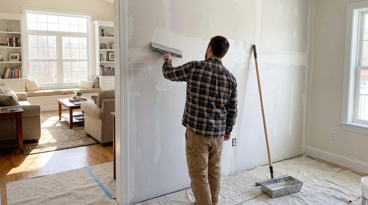 Handyman patching and finishing drywall in a living room