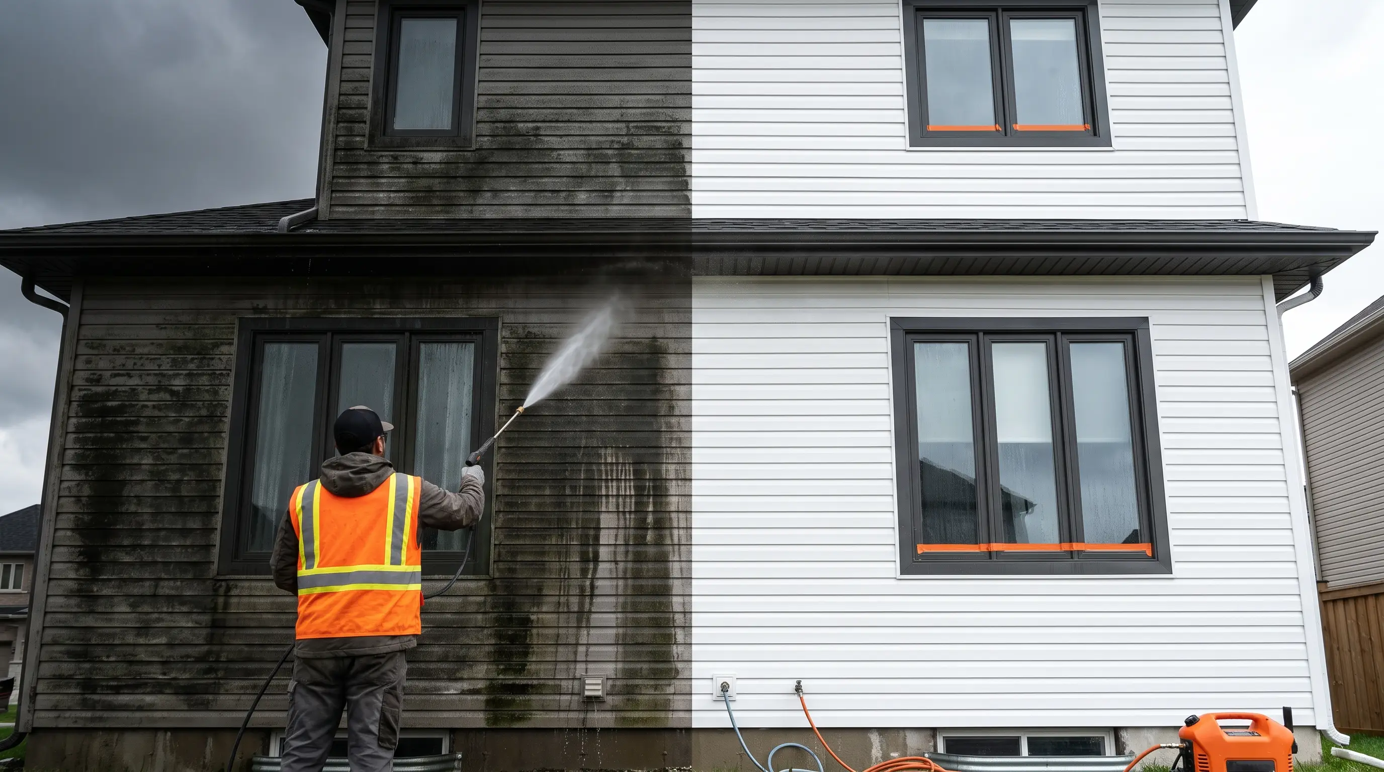 Pressure washing a home exterior