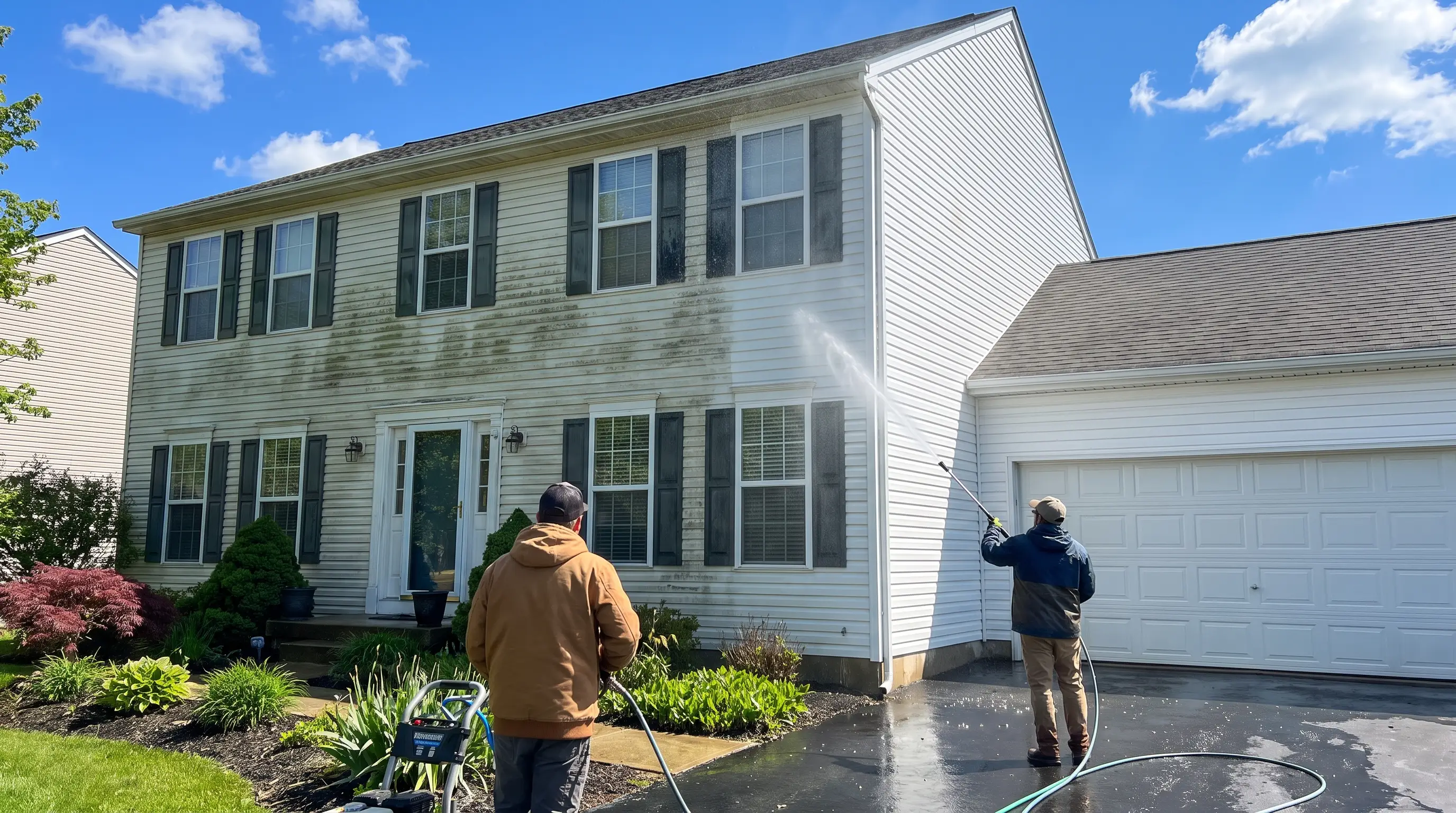 Crew pressure washing a home exterior