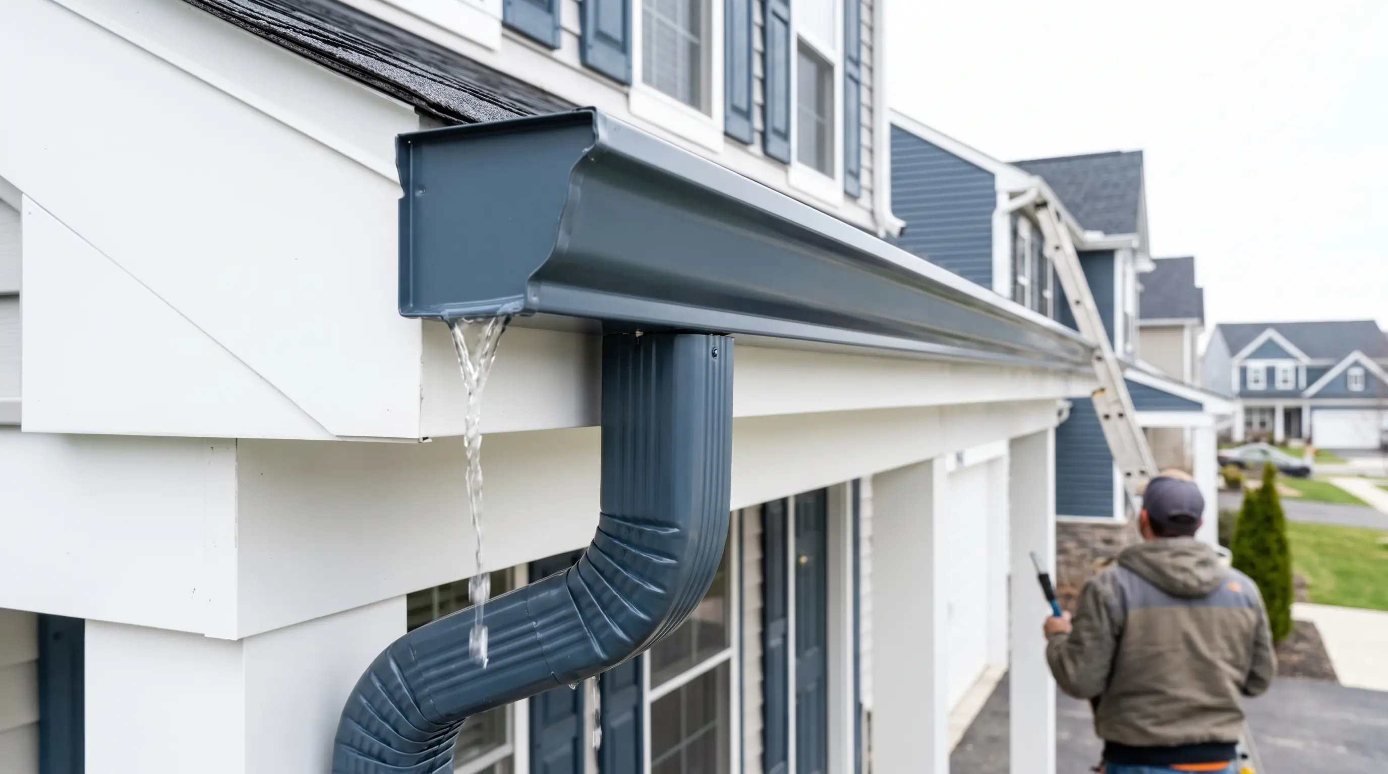 Crew installing seamless gutters on a home