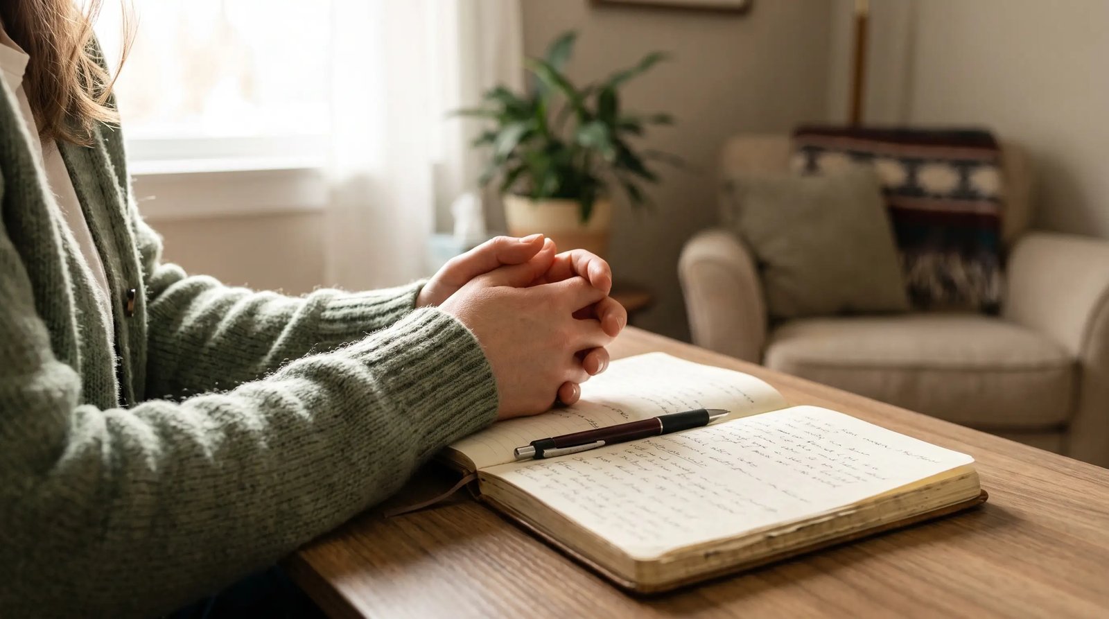 Hands resting on a notebook in the therapy room