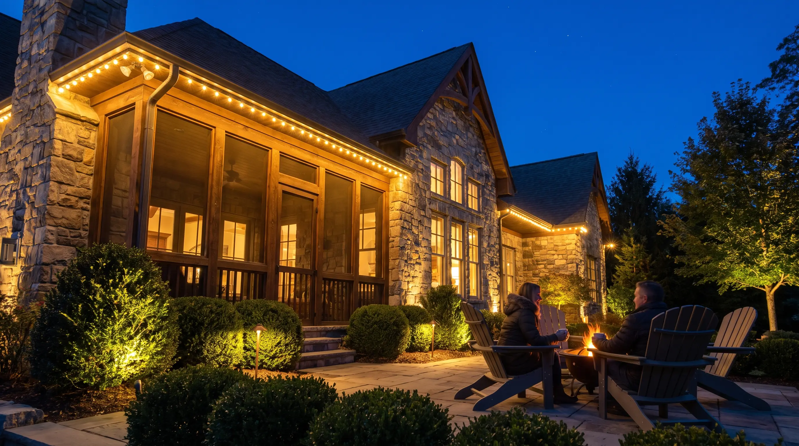 Crew installing landscape lighting