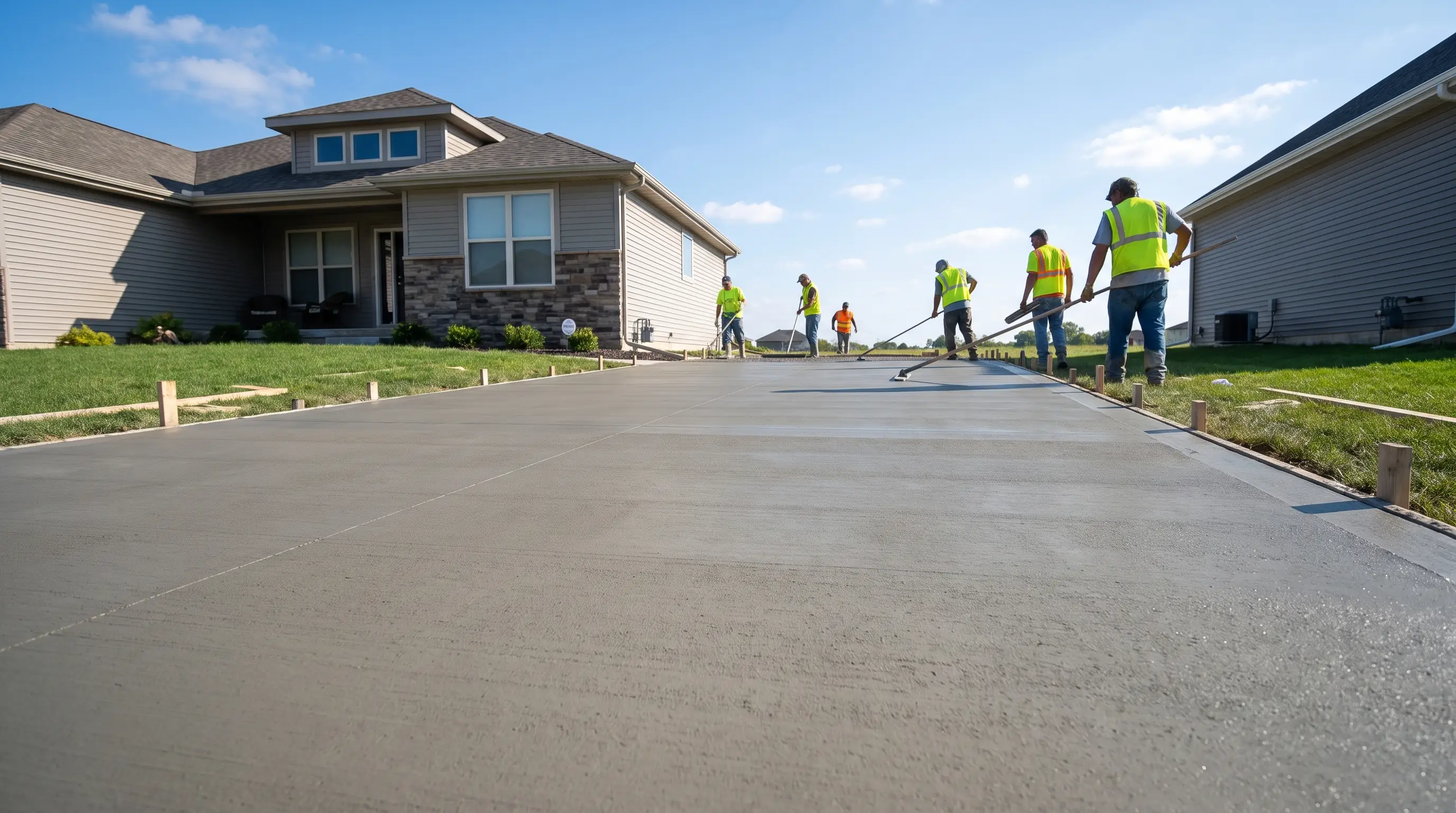 Finishers screeding a fresh concrete slab