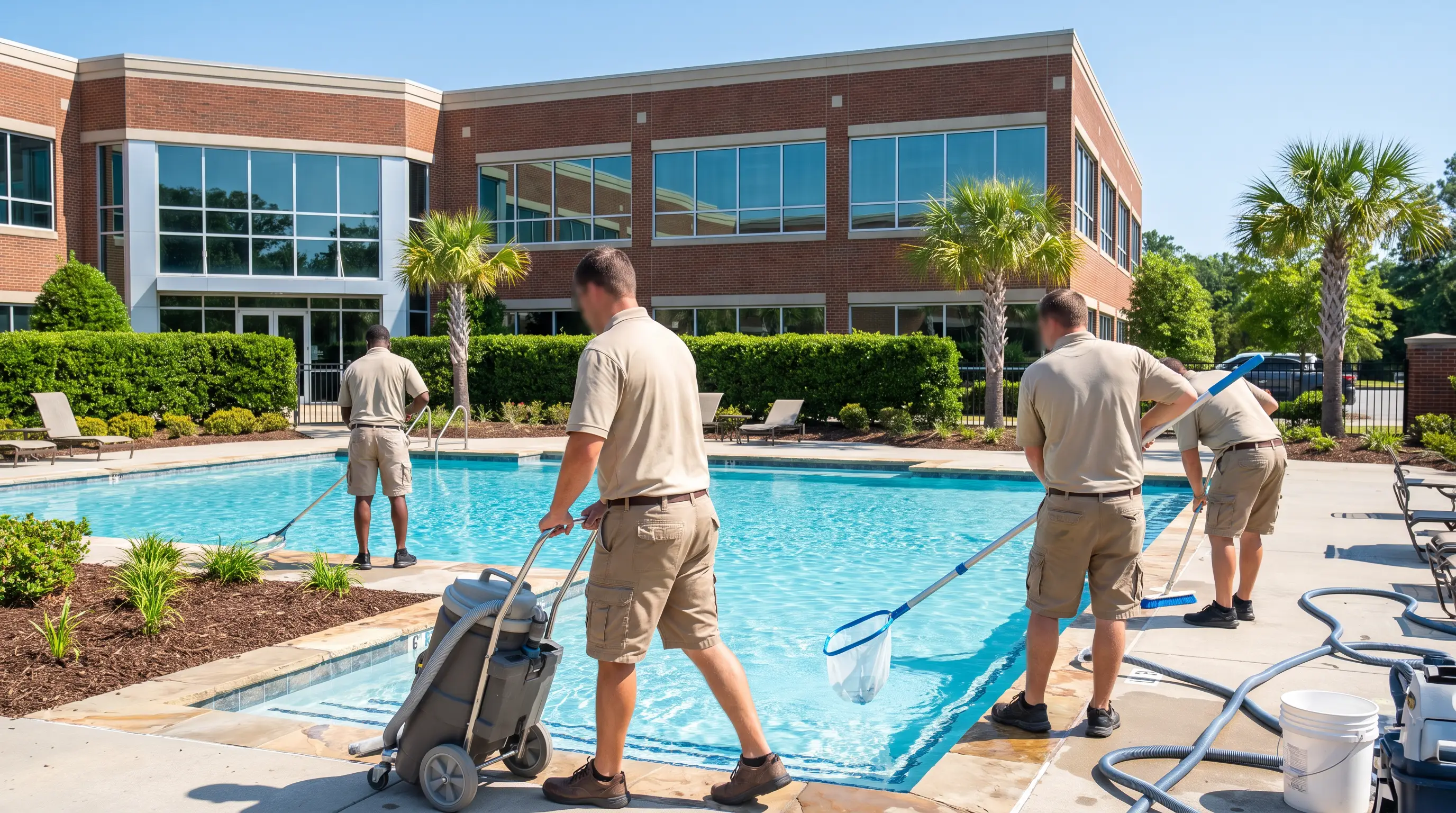 Commercial pool service in progress
