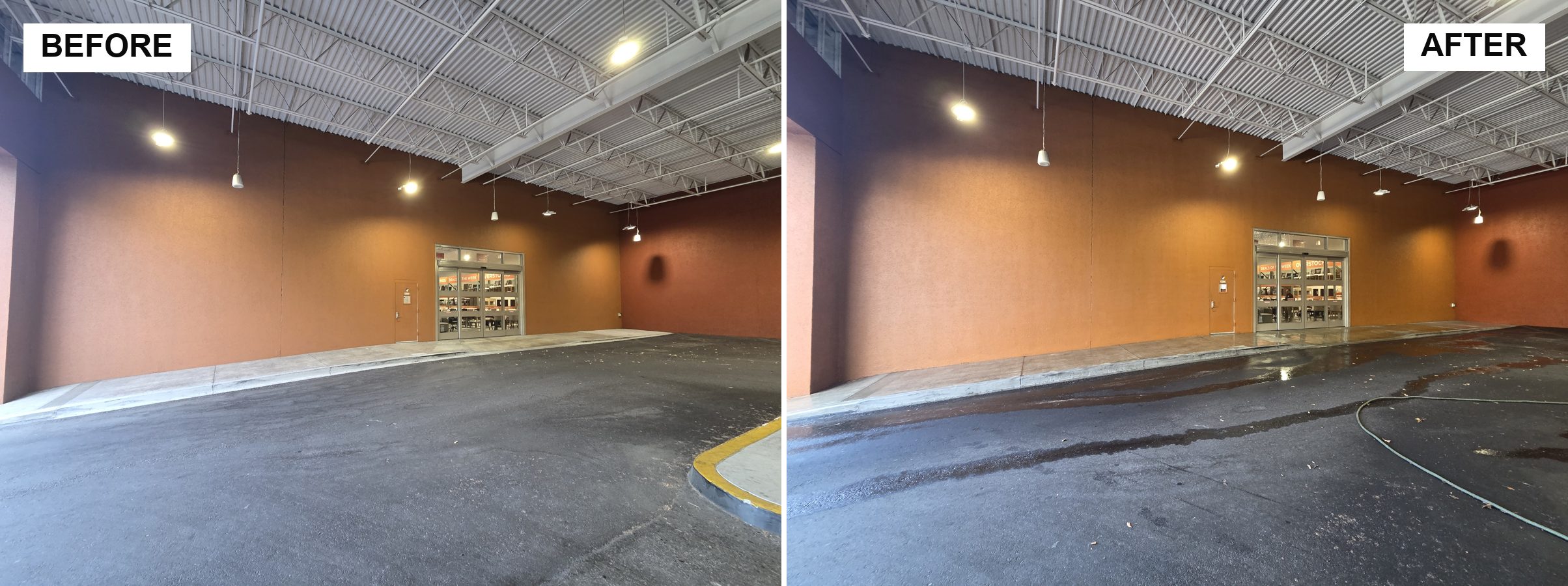Commercial entrance pressure washing, before and after
